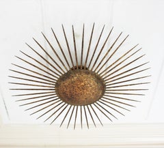French Sunburst Ceiling Light Fixture in Gilt Wrought Iron, 1940s