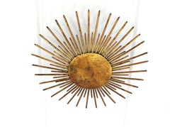French Sunburst Ceiling Light Fixture in Gilt Wrought Iron, 1940s