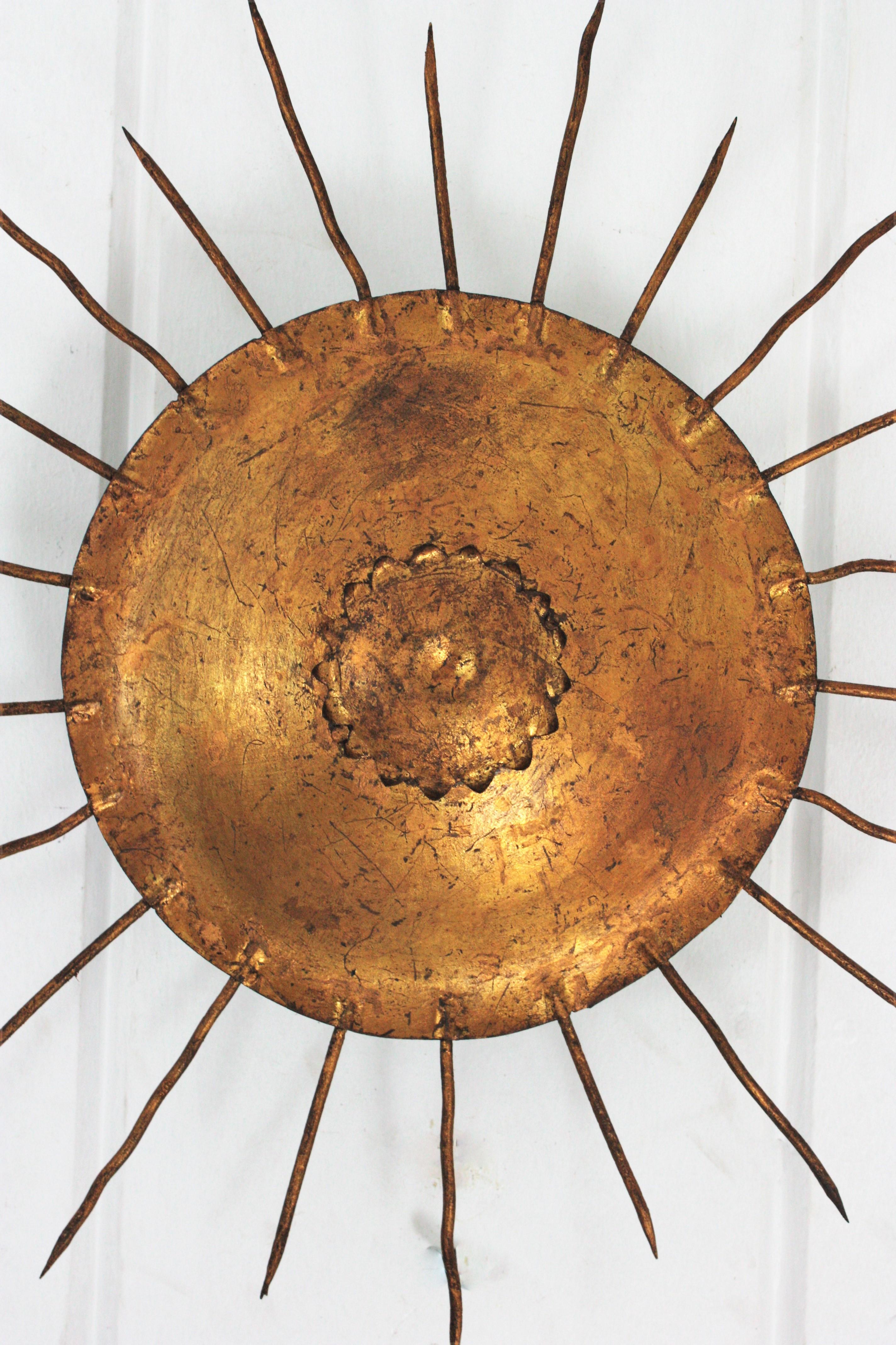 20th Century French Sunburst Ceiling Light Fixture in Gilt Wrought Iron, 1940s