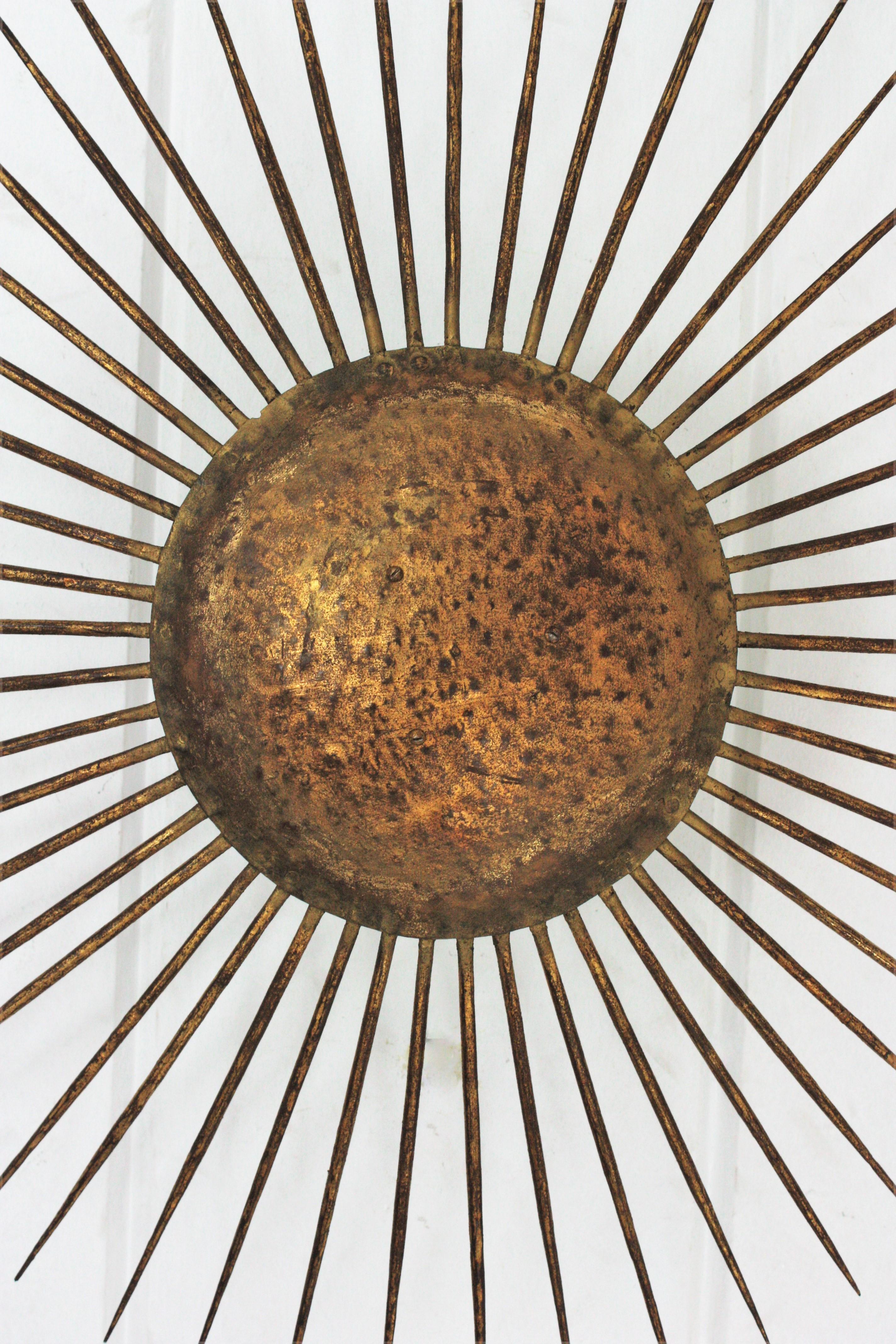 20th Century French Sunburst Ceiling Light Fixture in Gilt Wrought Iron, 1940s For Sale