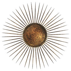 French Sunburst Ceiling Light Fixture in Gilt Wrought Iron, 1940s