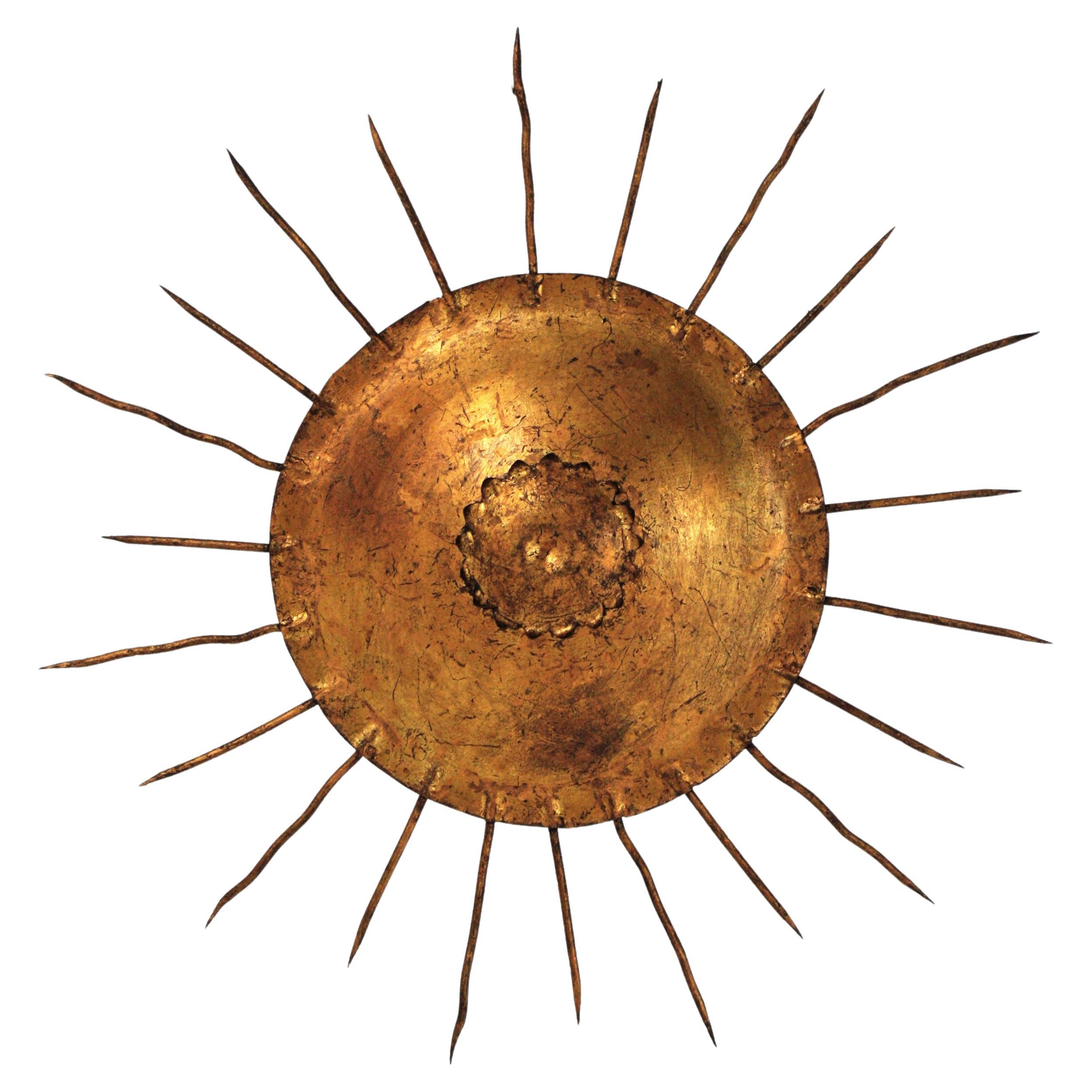 French Sunburst Ceiling Light Fixture in Gilt Wrought Iron, 1940s