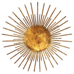 French Sunburst Ceiling Light Fixture in Gilt Wrought Iron, 1940s