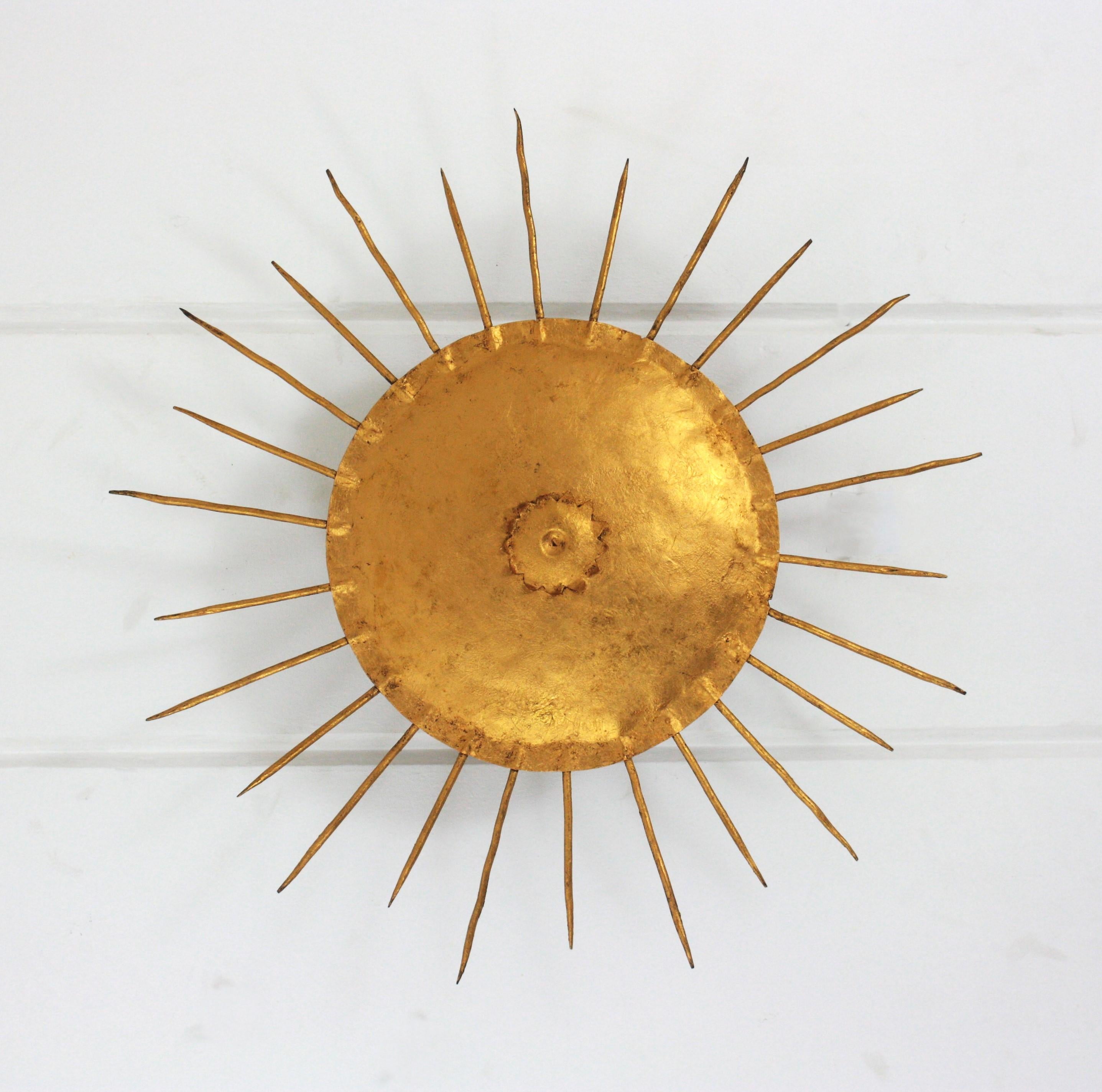 French Sunburst Ceiling Light Fixture in Gilt Wrought Iron 3