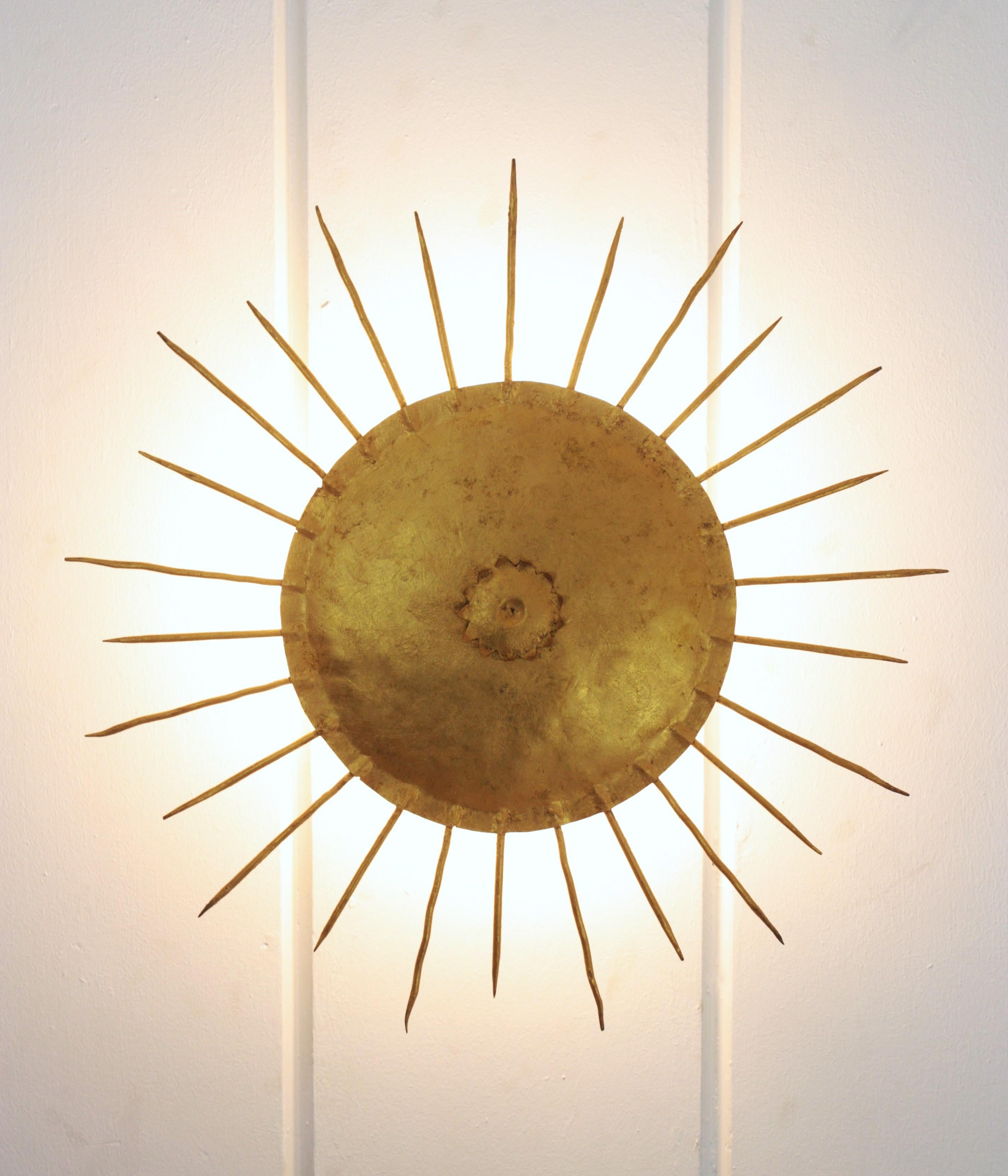 French Sunburst Ceiling Light Fixture in Gilt Wrought Iron 4