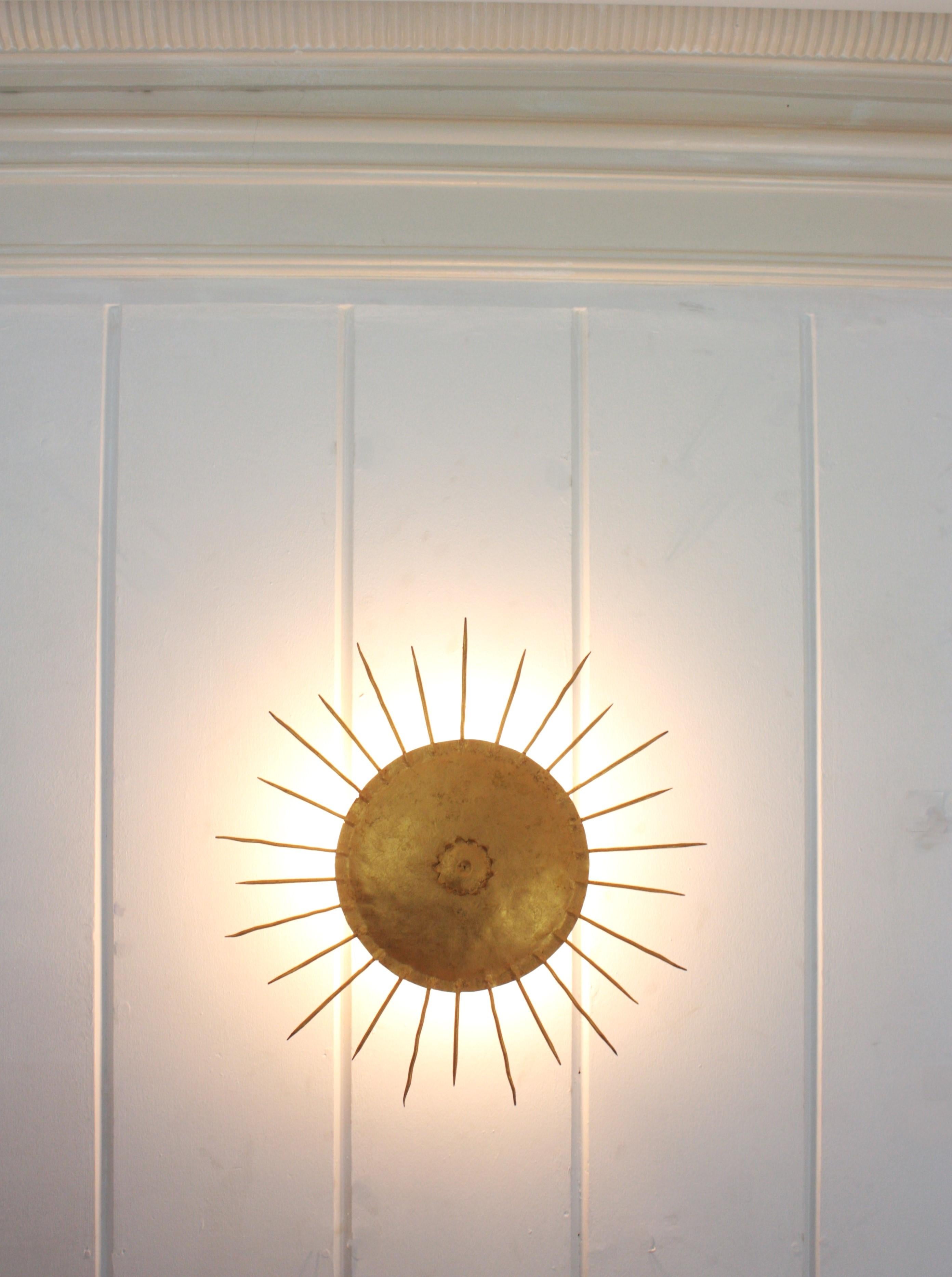French Sunburst Ceiling Light Fixture in Gilt Wrought Iron 5
