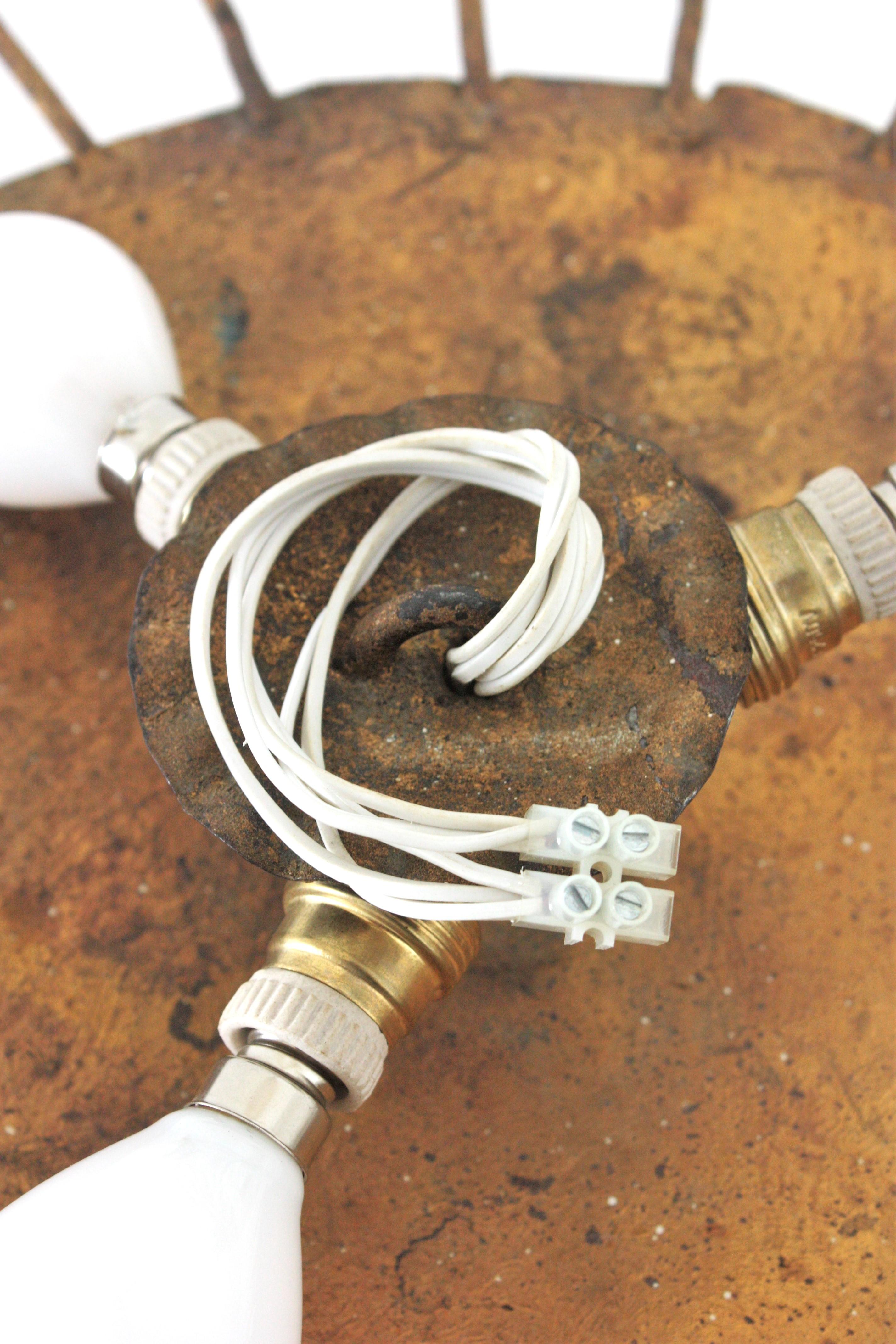 French Sunburst Ceiling Light Fixture in Gilt Wrought Iron 6