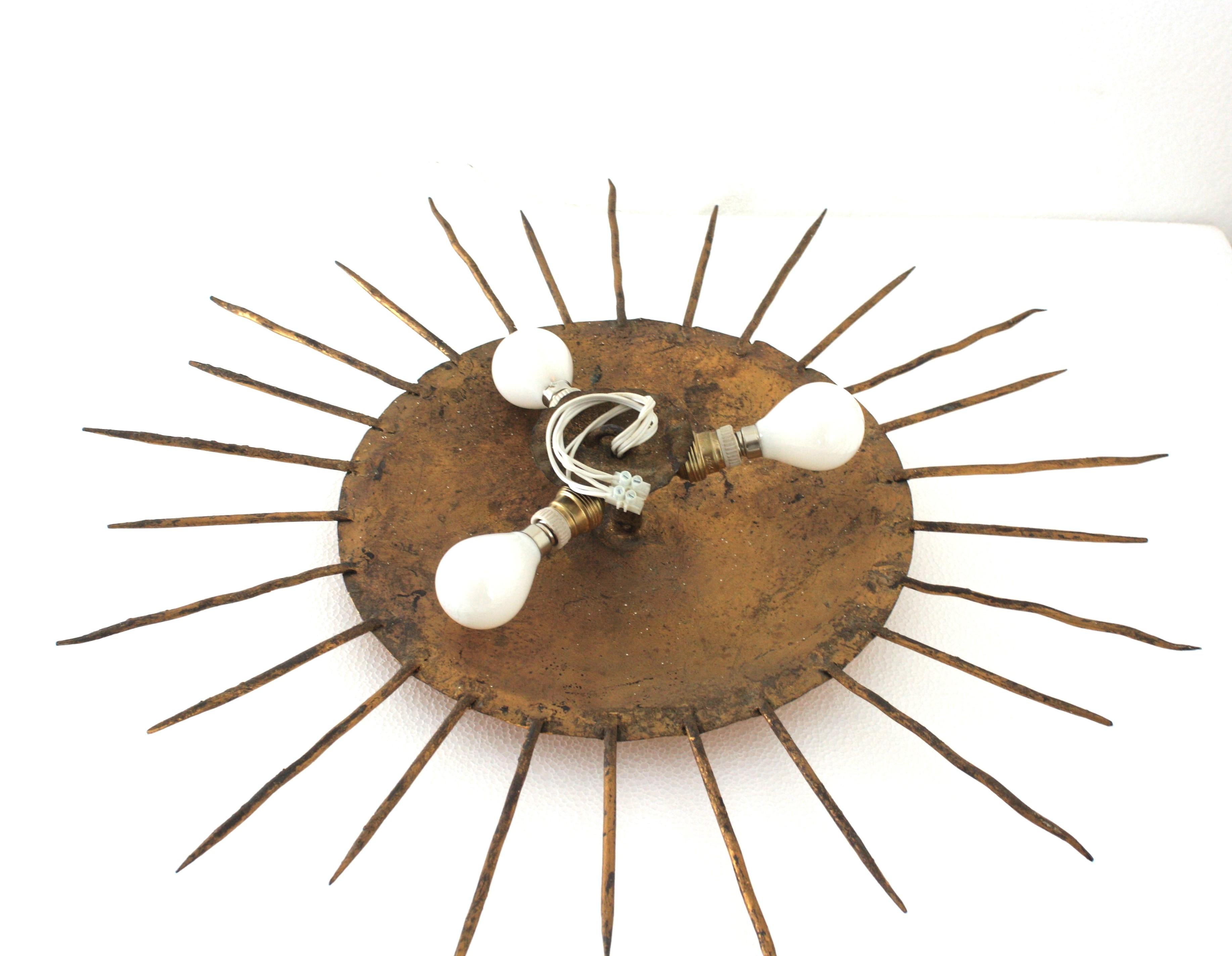 French Sunburst Ceiling Light Fixture in Gilt Wrought Iron 7