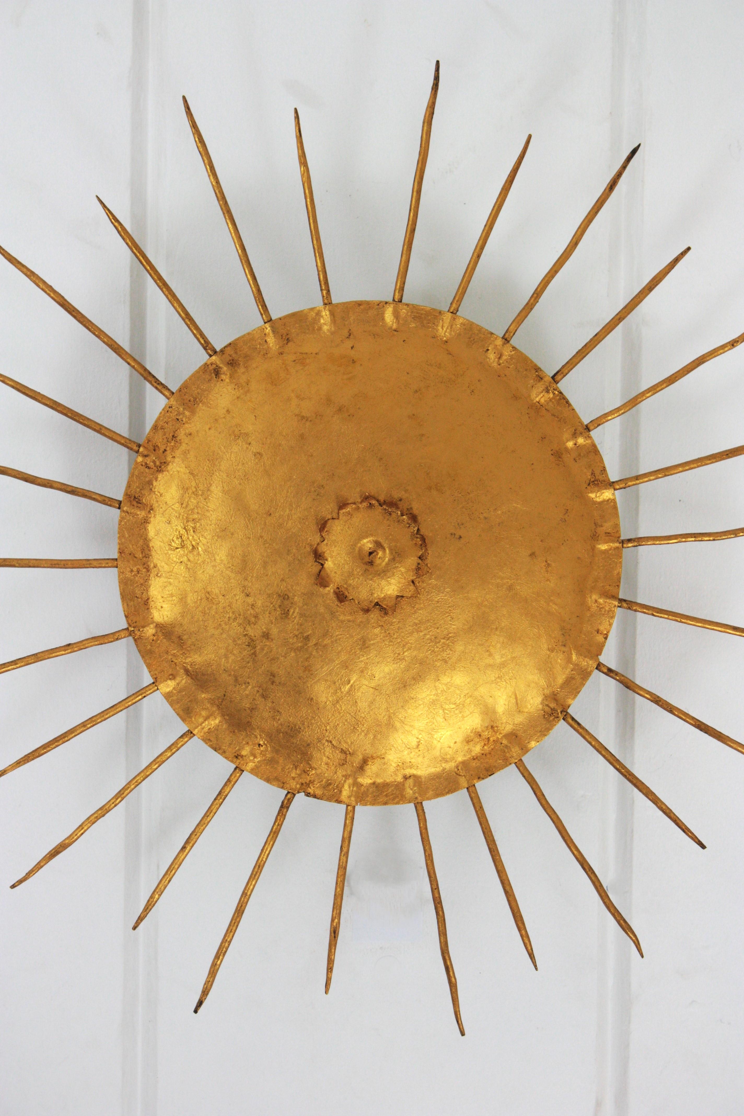 Art Deco French Sunburst Ceiling Light Fixture in Gilt Wrought Iron
