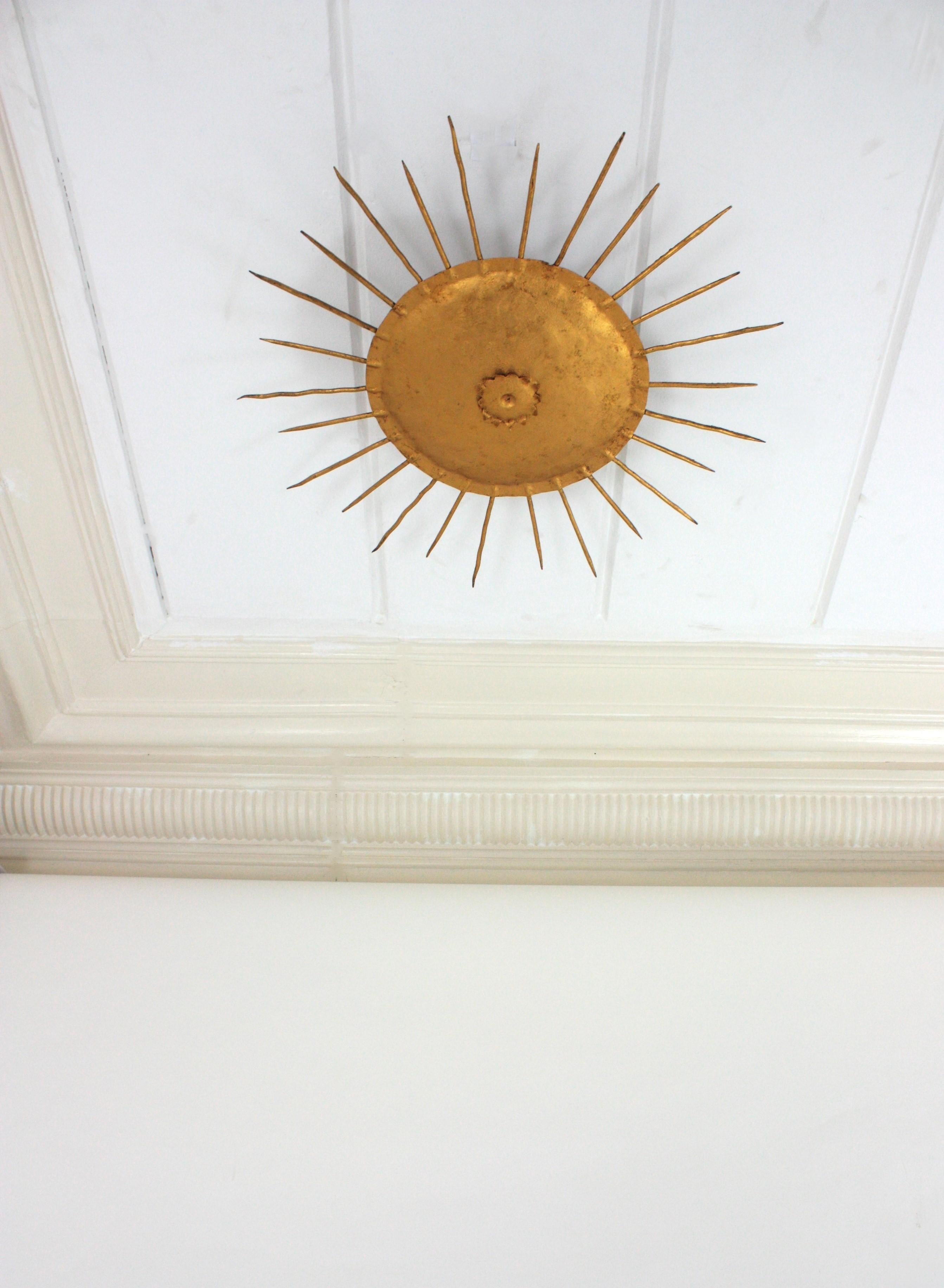 20th Century French Sunburst Ceiling Light Fixture in Gilt Wrought Iron