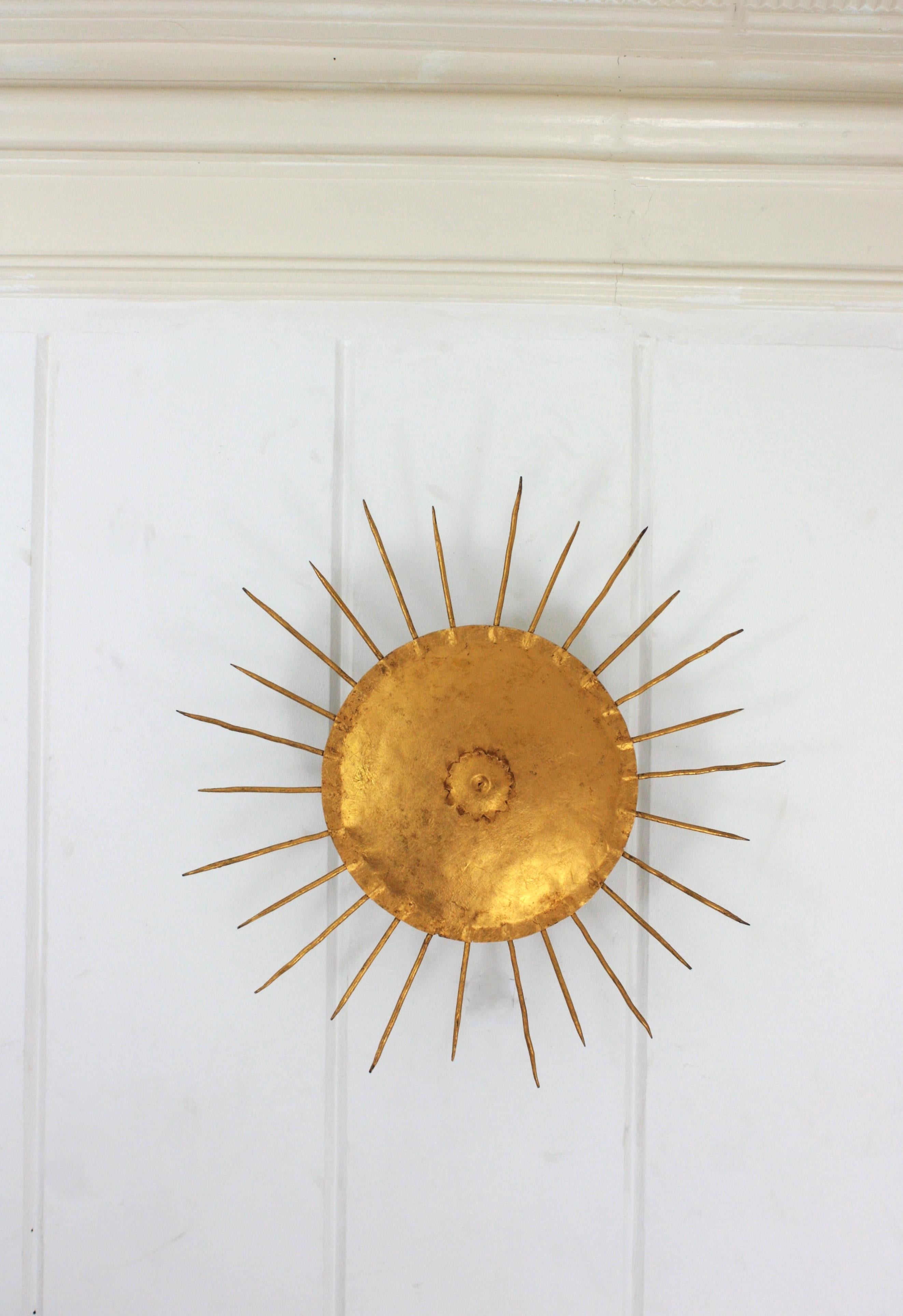 Metal French Sunburst Ceiling Light Fixture in Gilt Wrought Iron