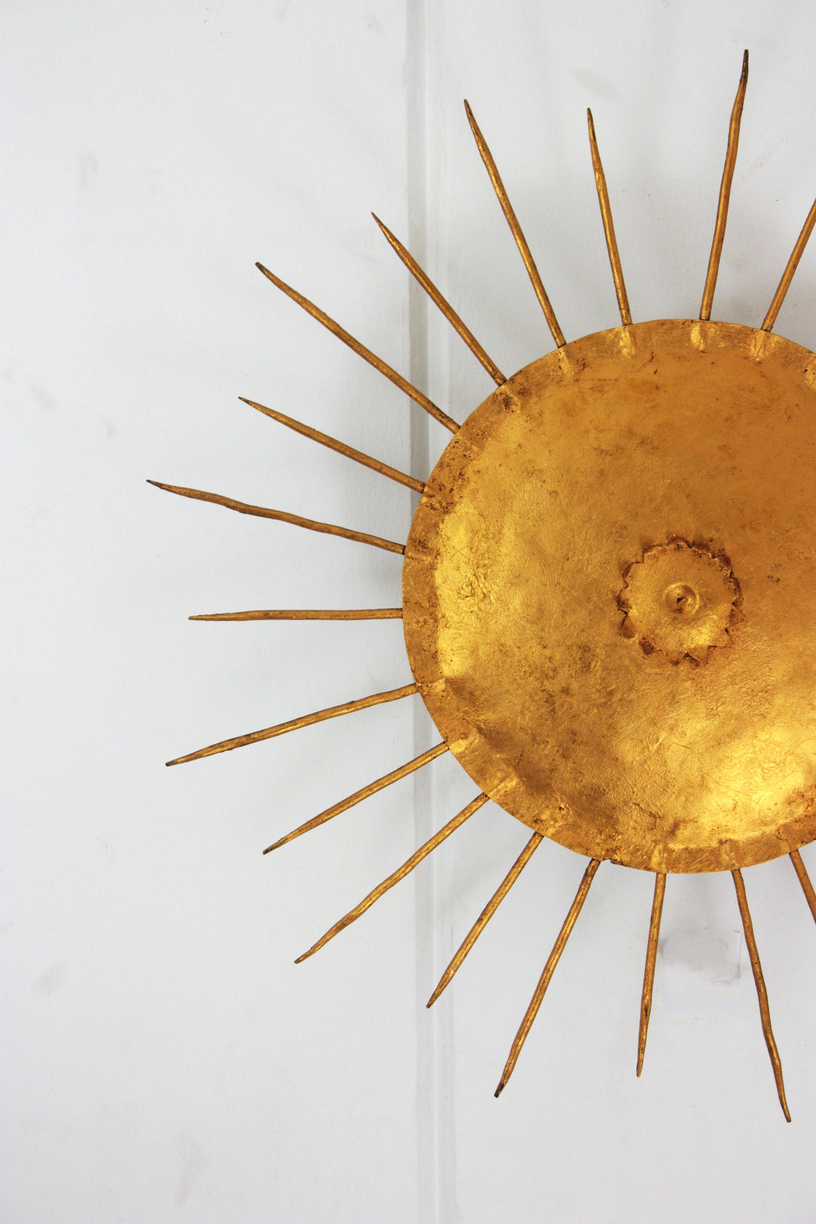 French Sunburst Ceiling Light Fixture in Gilt Wrought Iron 1