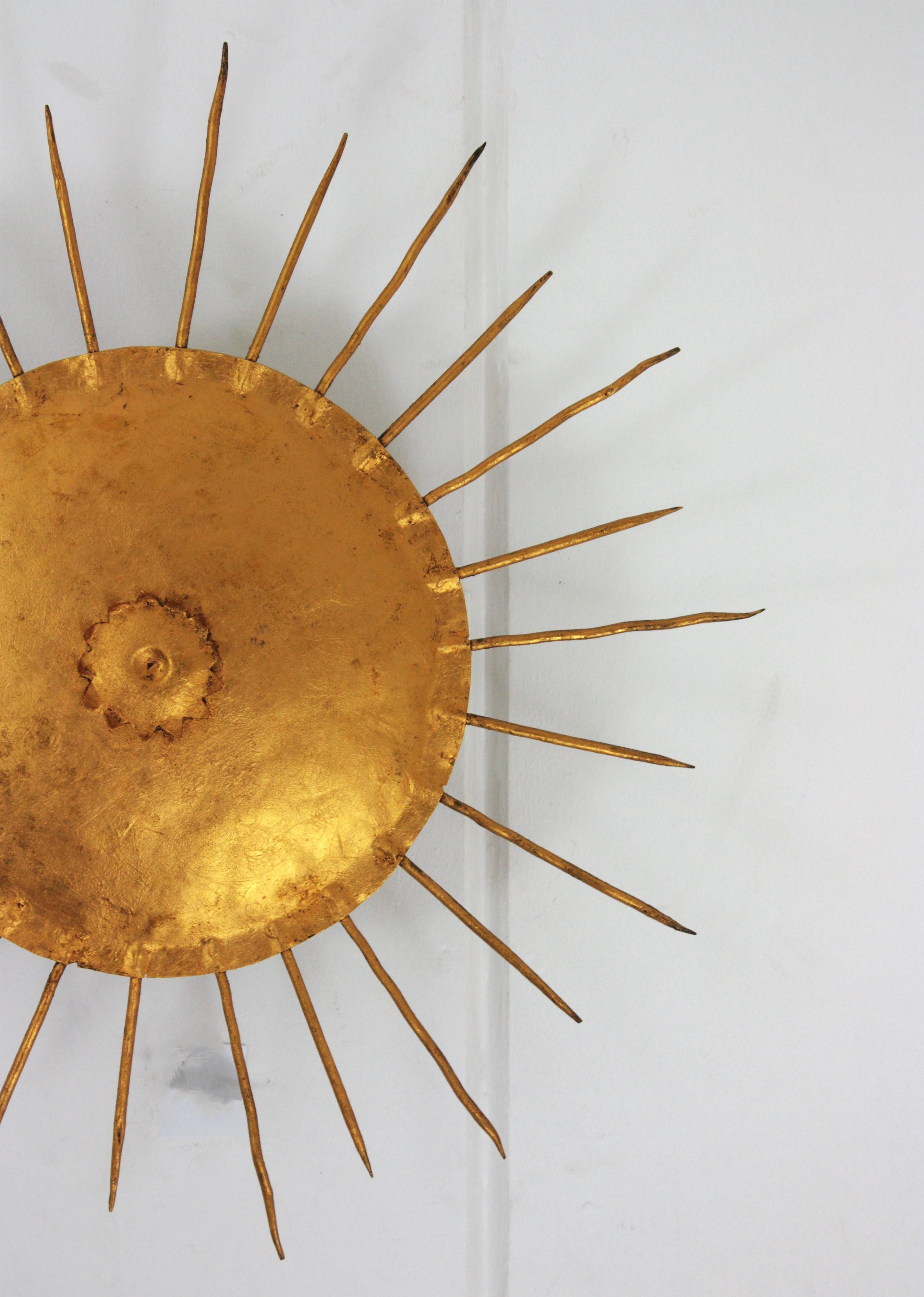 French Sunburst Ceiling Light Fixture in Gilt Wrought Iron 2