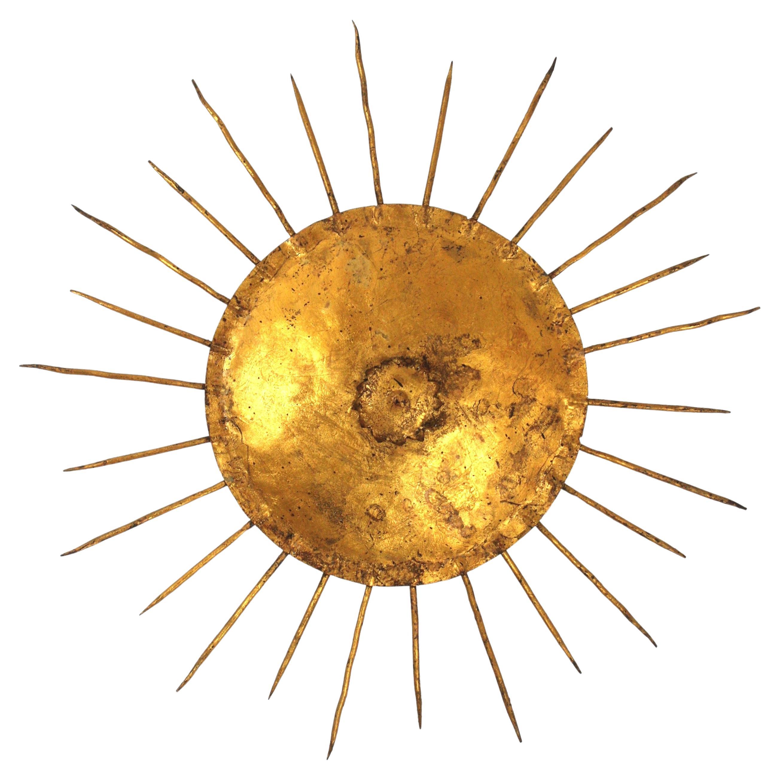French Sunburst Ceiling Light Fixture in Gilt Wrought Iron For Sale