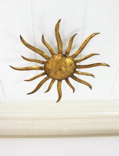 Plafonnier ou applique murale français Sunburst en fer doré
