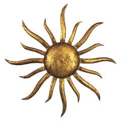 French Sunburst Ceiling Light Fixture or Wall Sconce in Gilt Iron