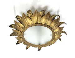 French Sunburst Ceiling Light Fixture with Leaves in Gilt Iron & Glass, 1950s
