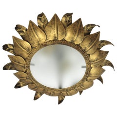 French Sunburst Ceiling Light Fixture with Leaves in Gilt Iron & Glass, 1950s