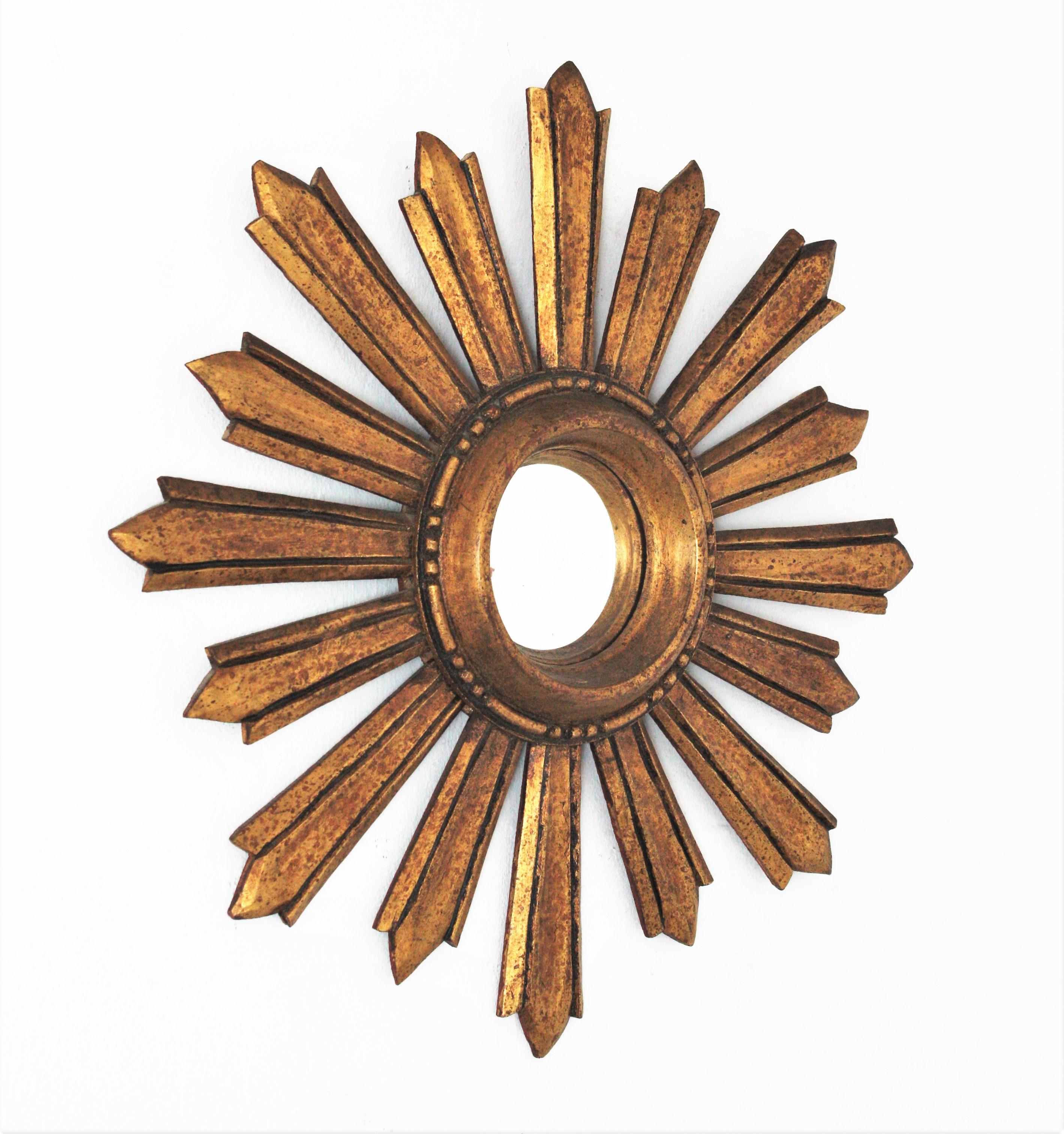 Baroque French Sunburst Convex Giltwood Mirror, 1940s For Sale