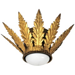 Vintage Sunburst Crown Foliage Flush Mount Light Fixture, France, 1940s