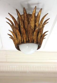 French Sunburst Eyelash Ceiling Light Fixture in Gilt Iron, 1950s