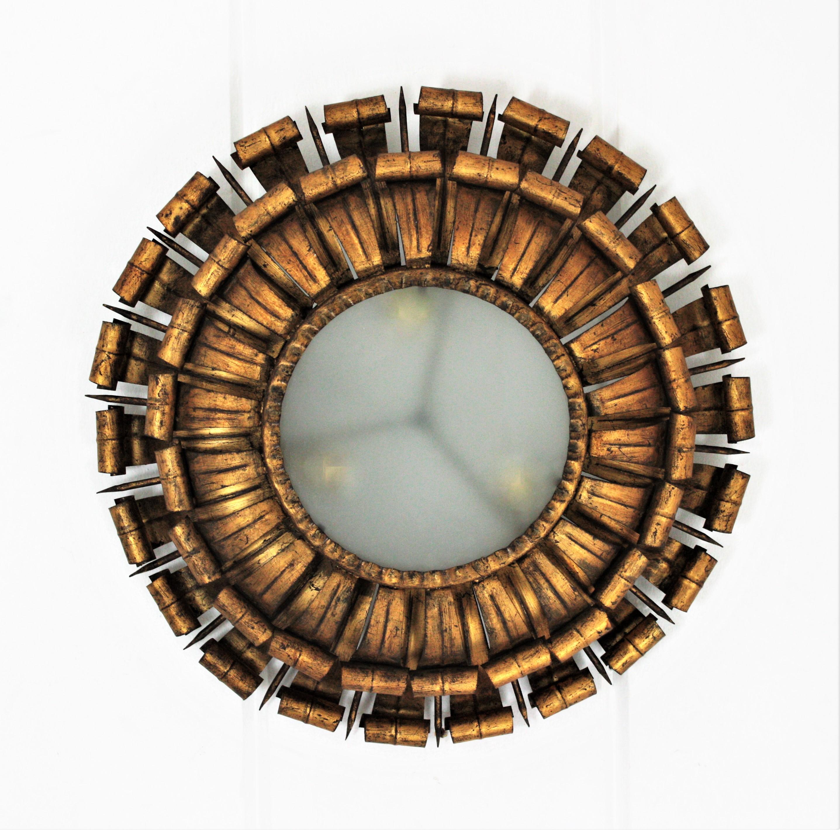 French Sunburst Eyelash and Nail Flush Mount Light Fixture in Gilt Wrought Iron 2
