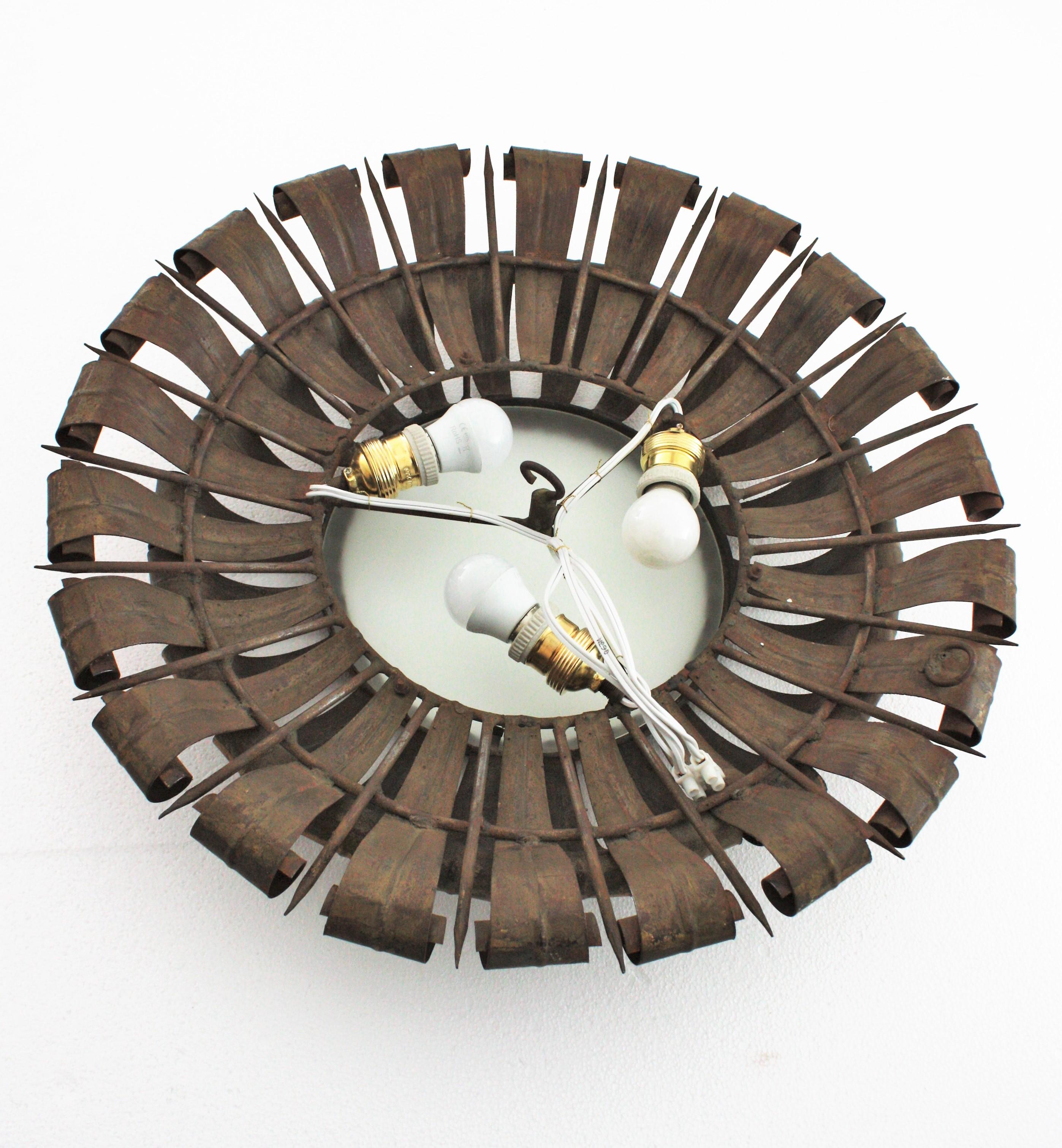 French Sunburst Eyelash and Nail Flush Mount Light Fixture in Gilt Wrought Iron 4