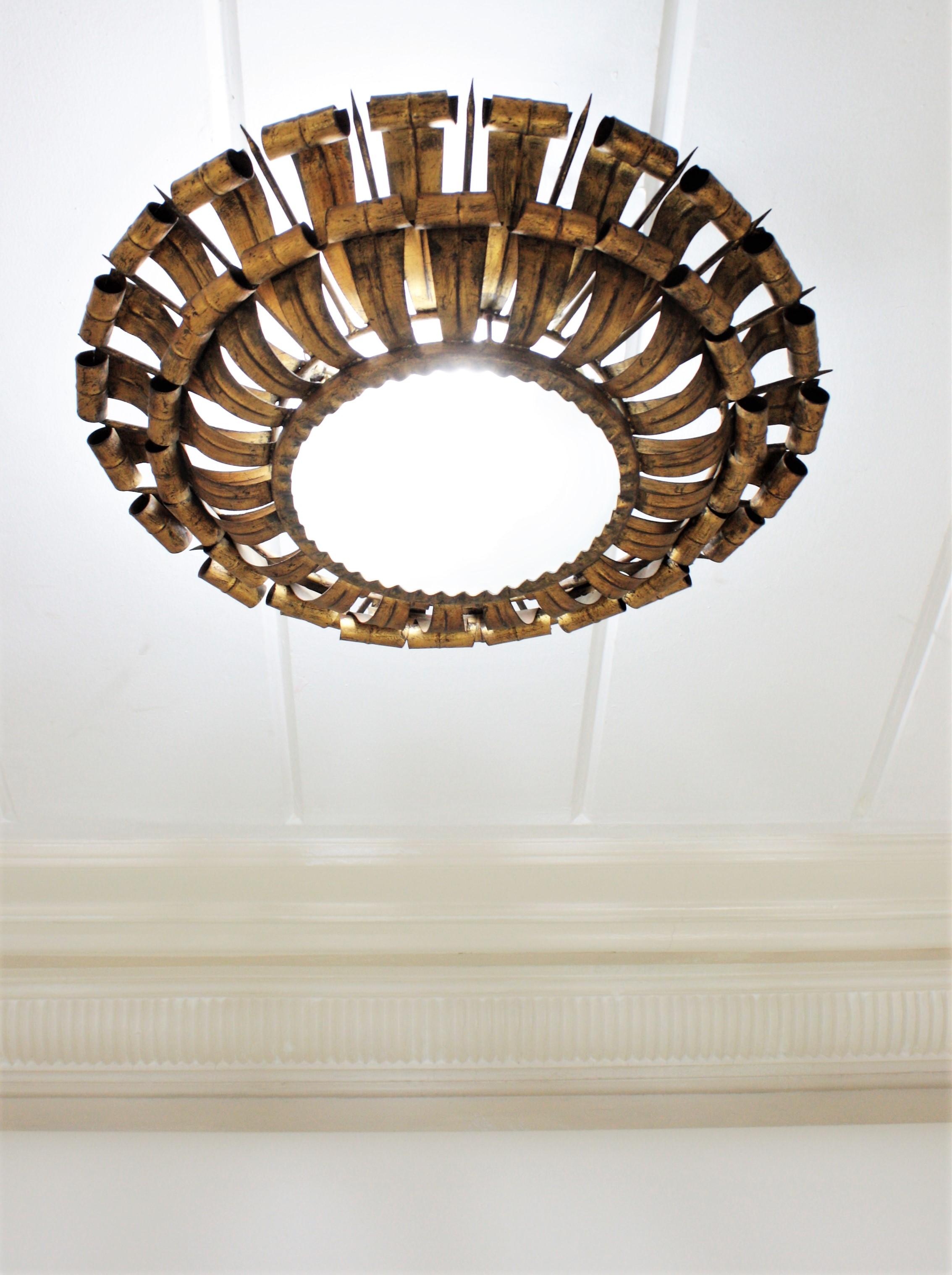 Brutalist French Sunburst Eyelash and Nail Flush Mount Light Fixture in Gilt Wrought Iron