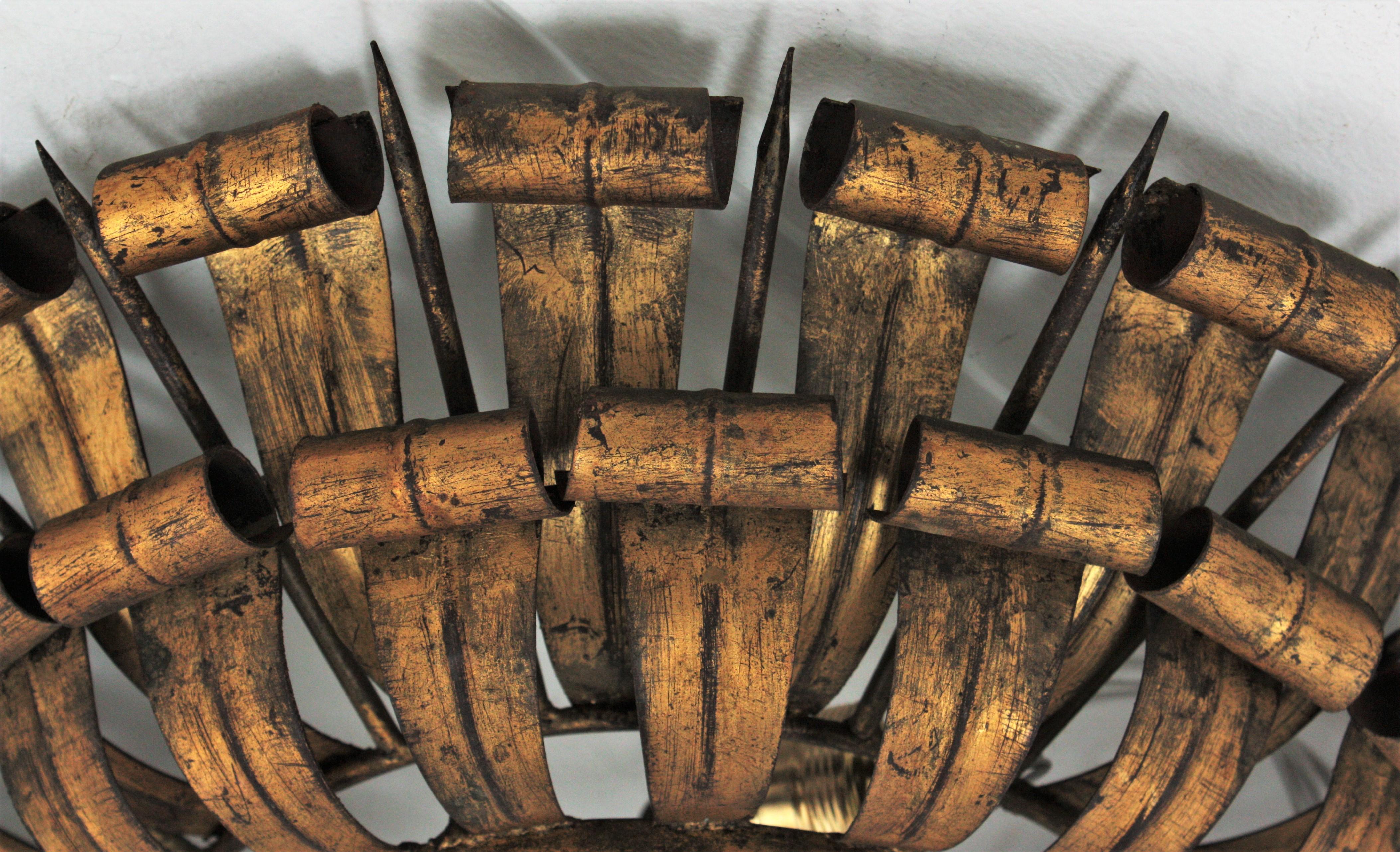 Hammered French Sunburst Eyelash and Nail Flush Mount Light Fixture in Gilt Wrought Iron