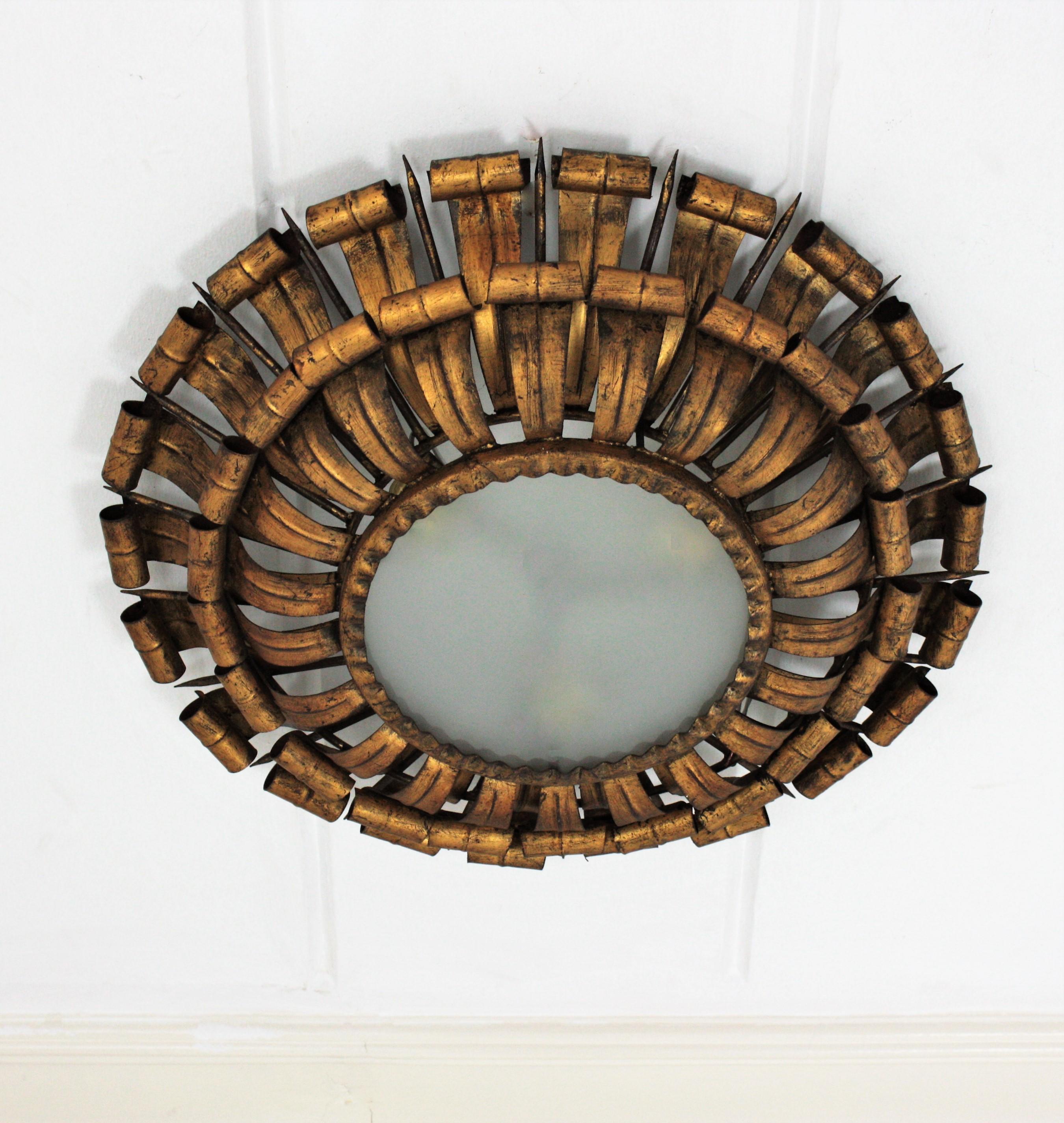 French Sunburst Eyelash and Nail Flush Mount Light Fixture in Gilt Wrought Iron In Good Condition In Barcelona, ES