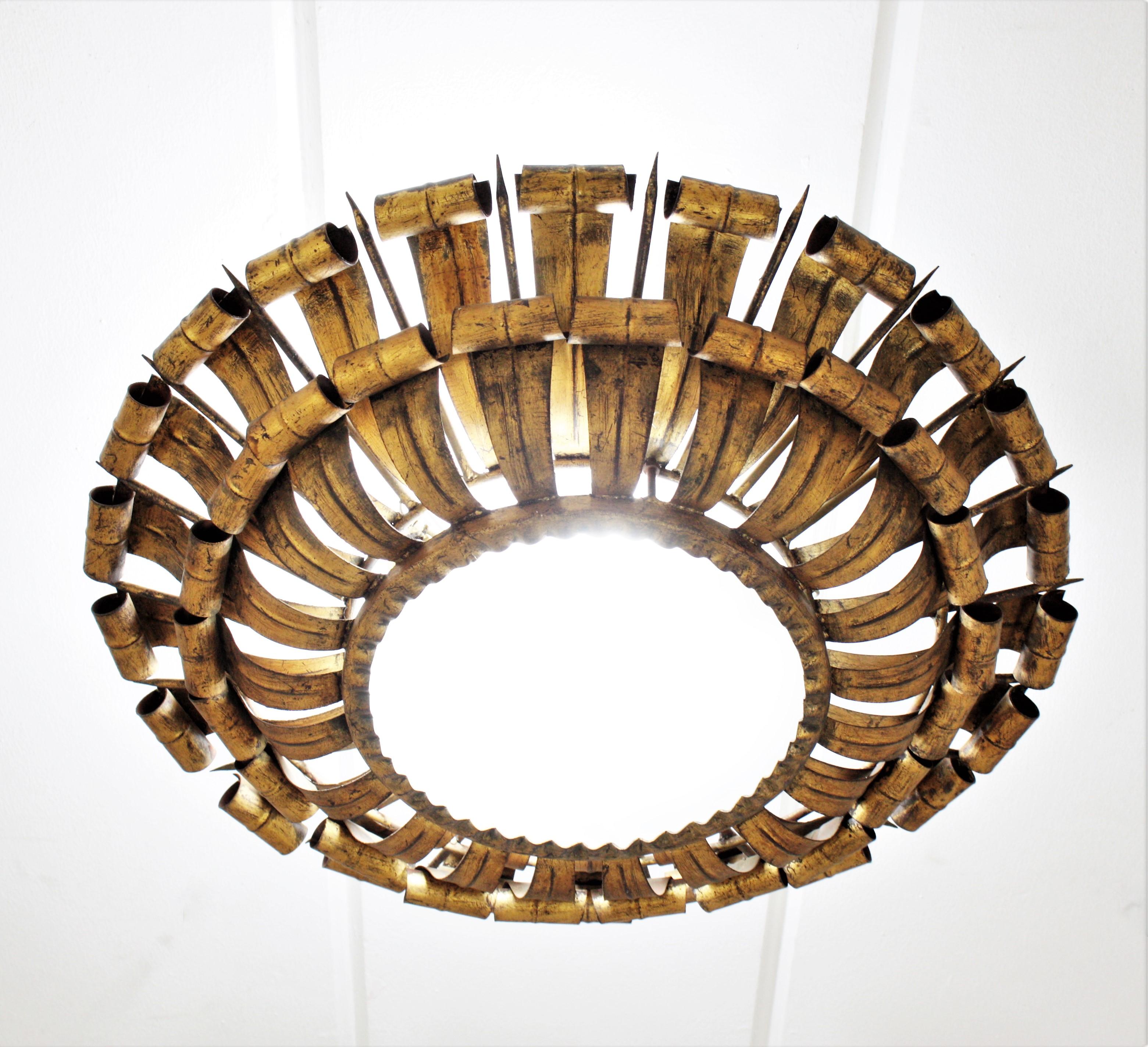20th Century French Sunburst Eyelash and Nail Flush Mount Light Fixture in Gilt Wrought Iron