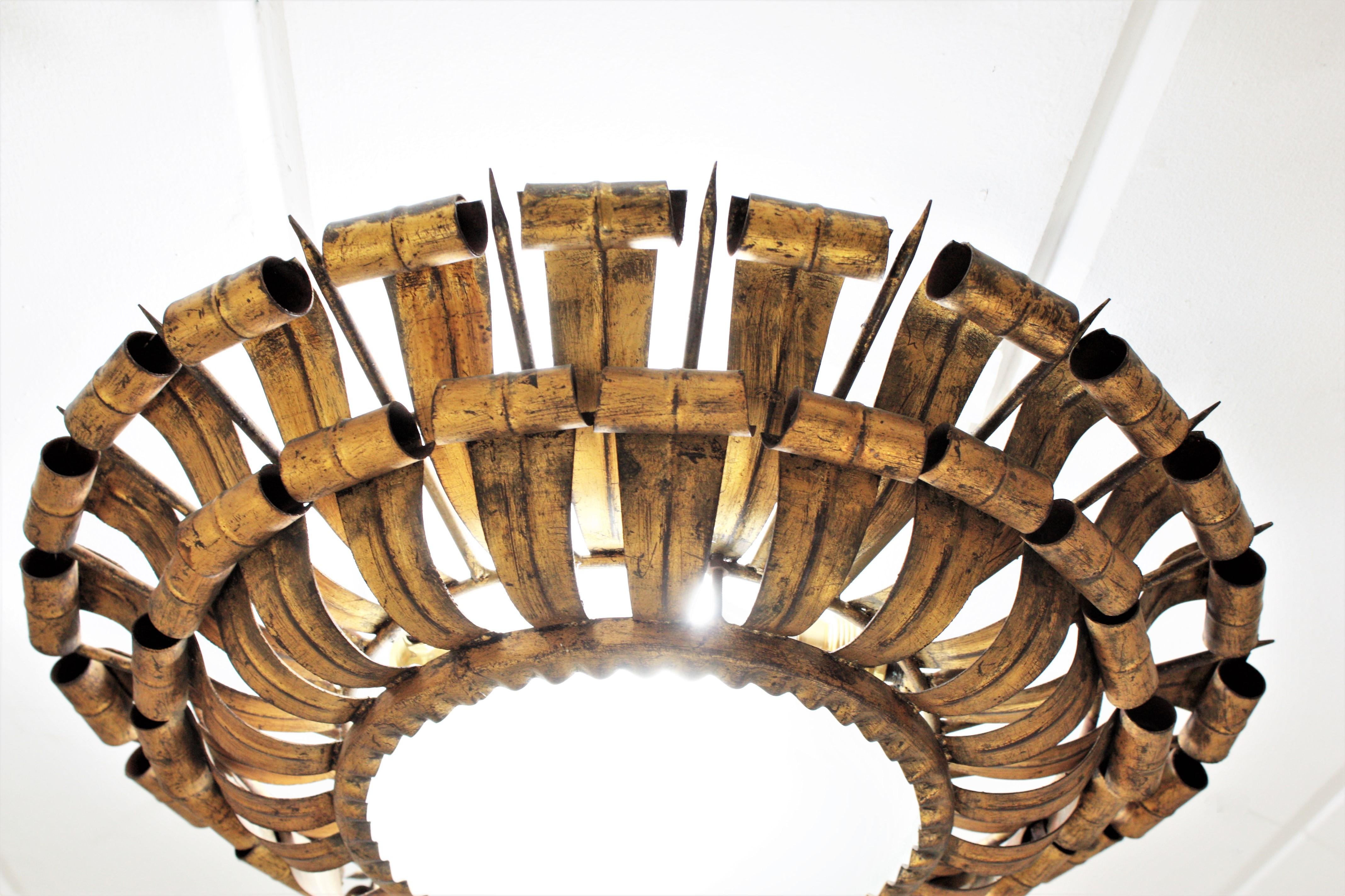 French Sunburst Eyelash and Nail Flush Mount Light Fixture in Gilt Wrought Iron 1