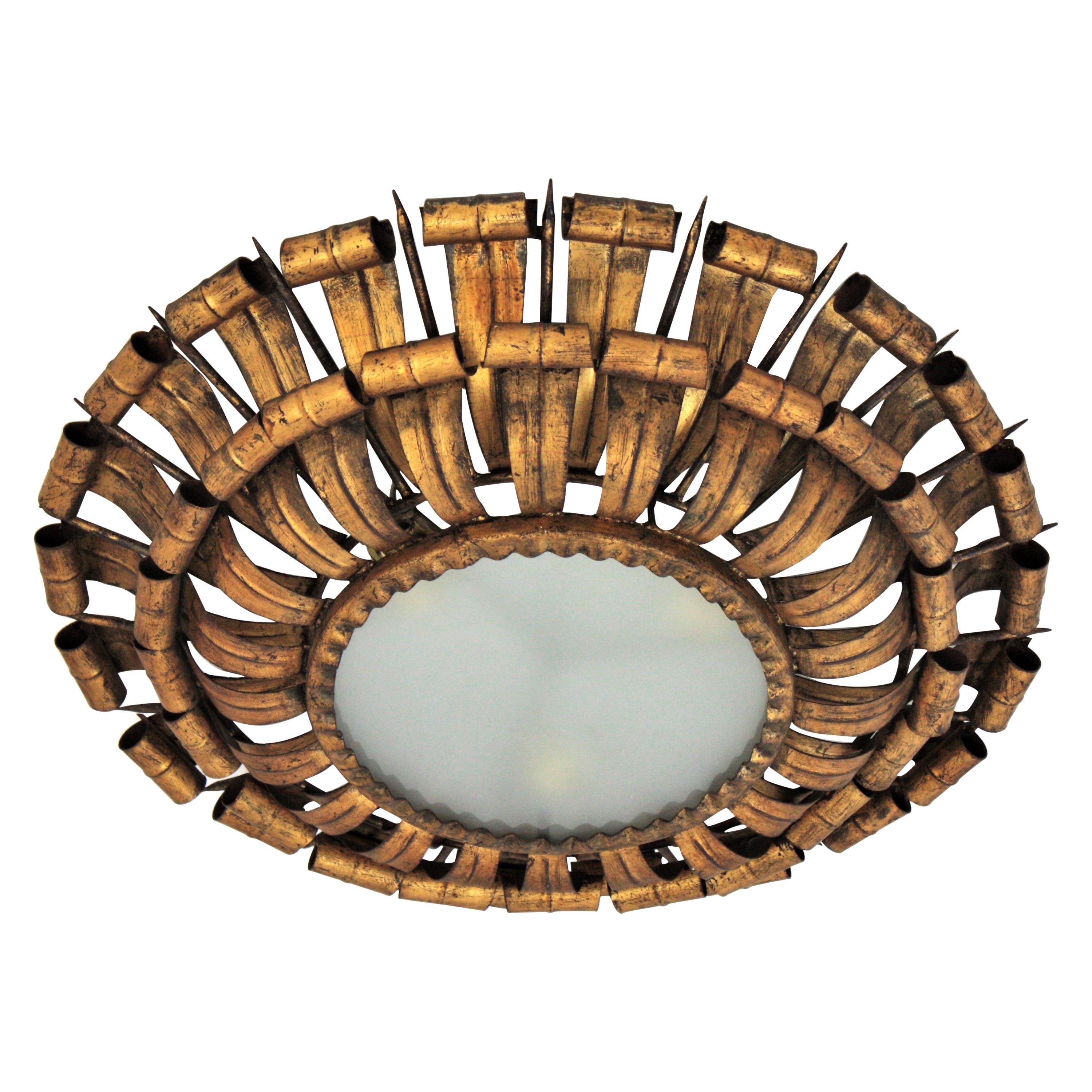 French Sunburst Eyelash and Nail Flush Mount Light Fixture in Gilt Wrought Iron
