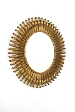 French Sunburst Eyelash Oval Mirror in Gilt Wrought Iron & Beveled Glass, 1950s