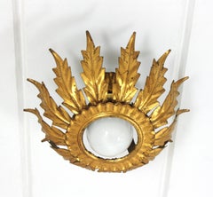 French Sunburst Flower Flush Mount Light Fixture, Gilt Iron,  1940s