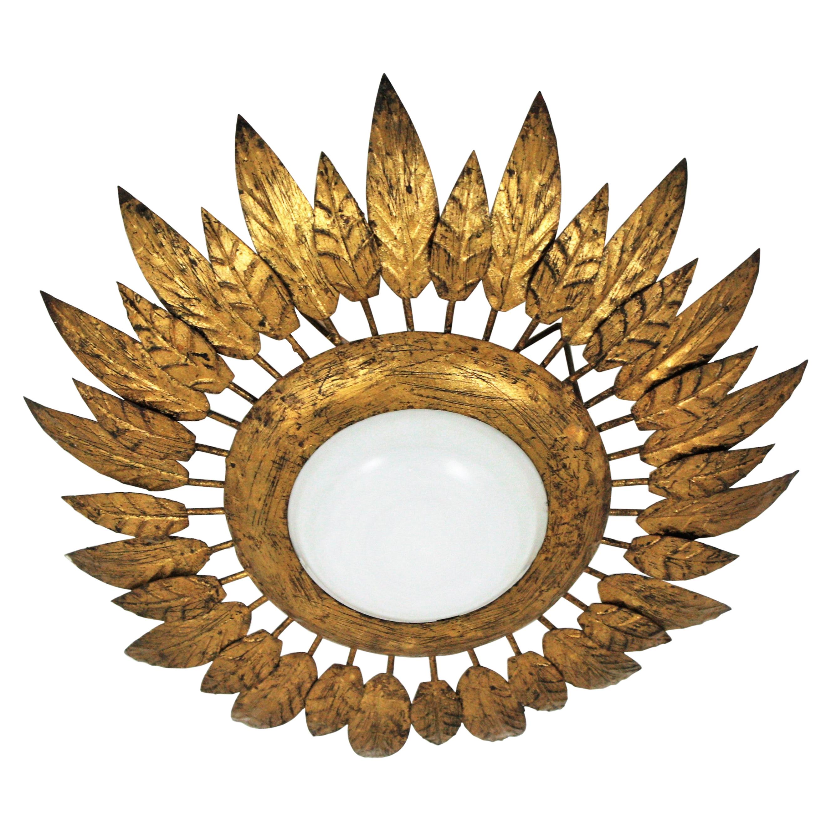 French Sunburst Flower Light Fixture in Gilt Iron and Milk Glass, 1950s