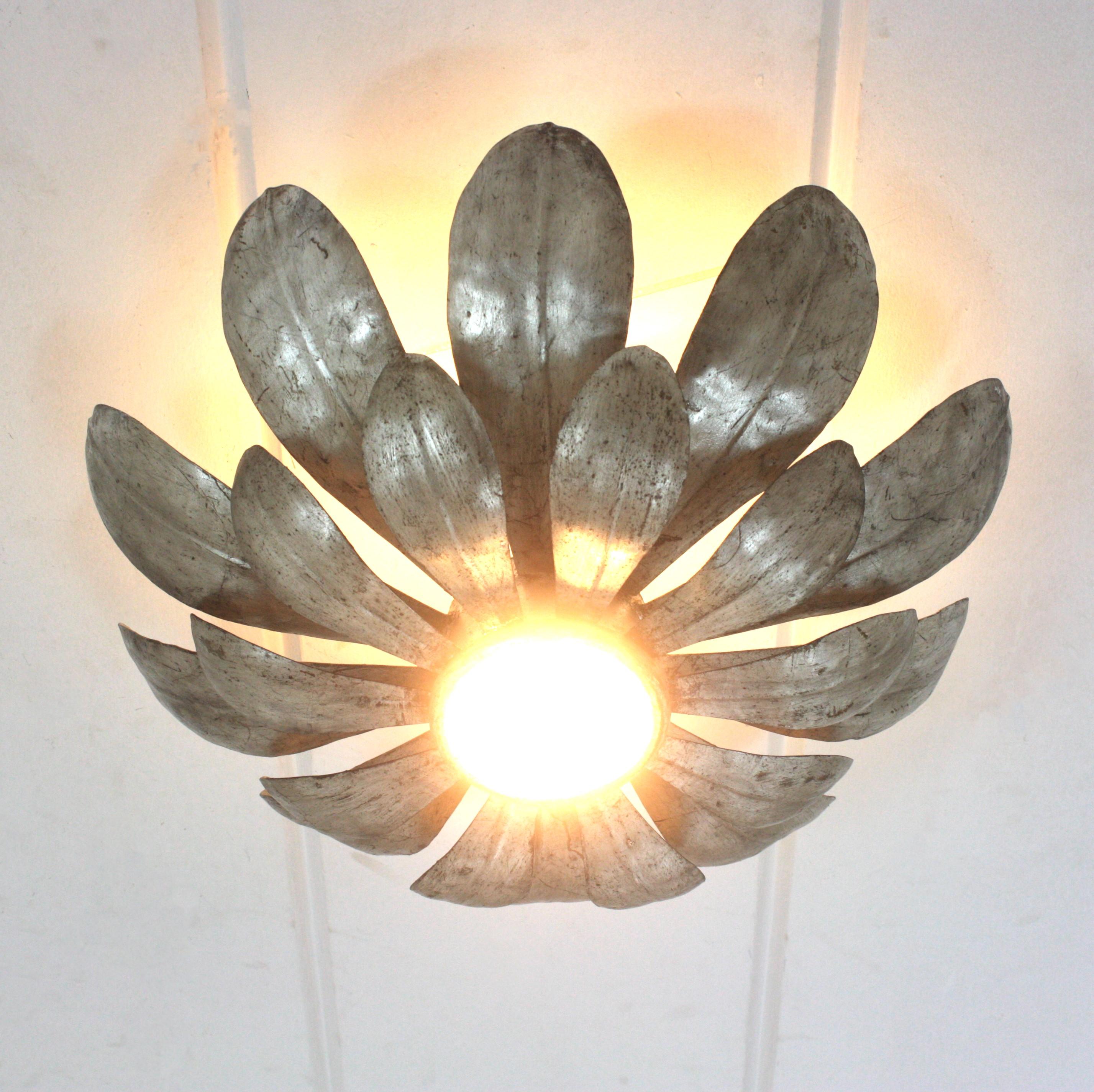 Sunburst Flower Light Fixture in Silvered Gilt Iron, 1950s For Sale 4