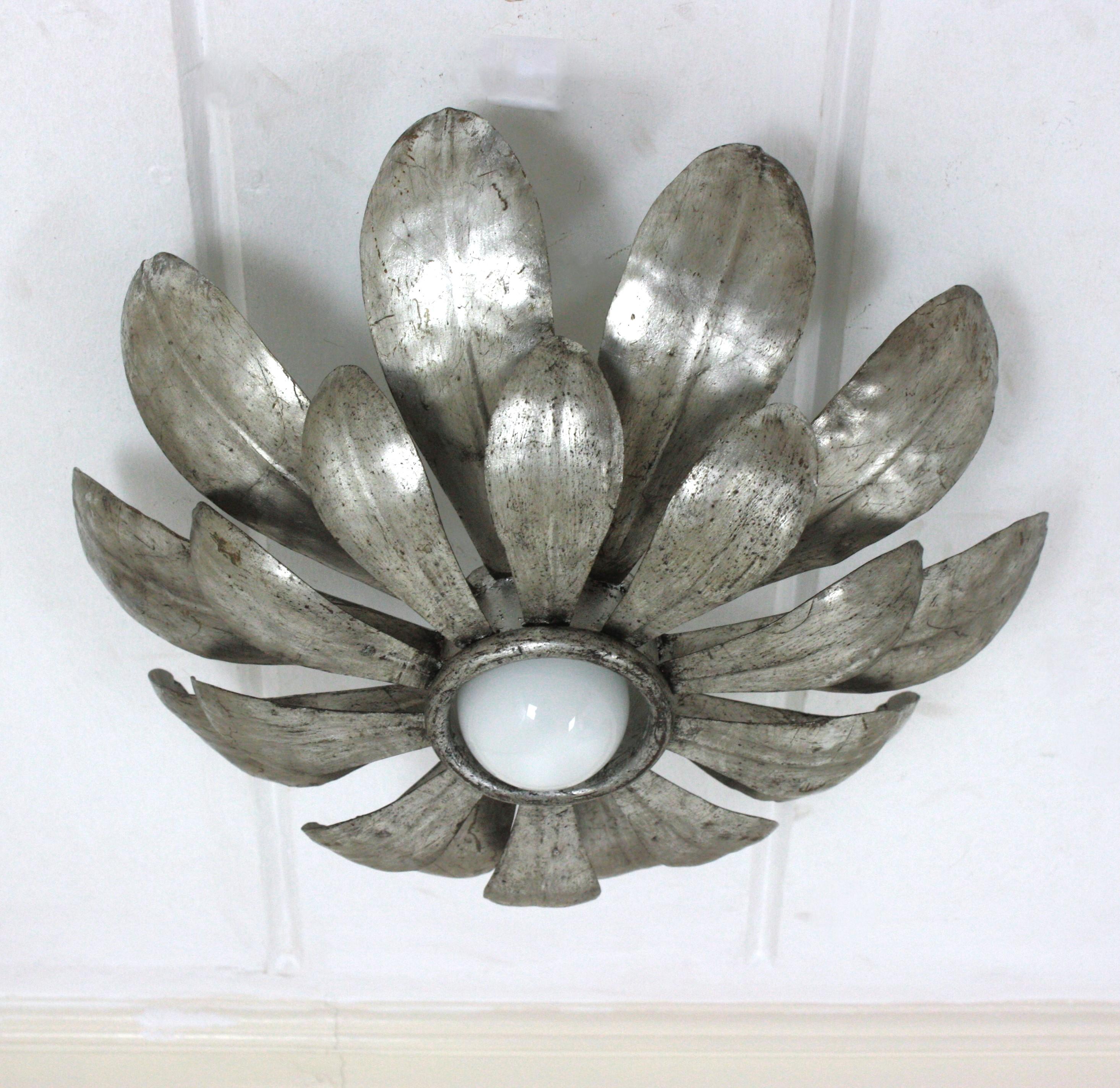 Sunburst Flower Light Fixture in Silvered Gilt Iron, 1950s For Sale 6