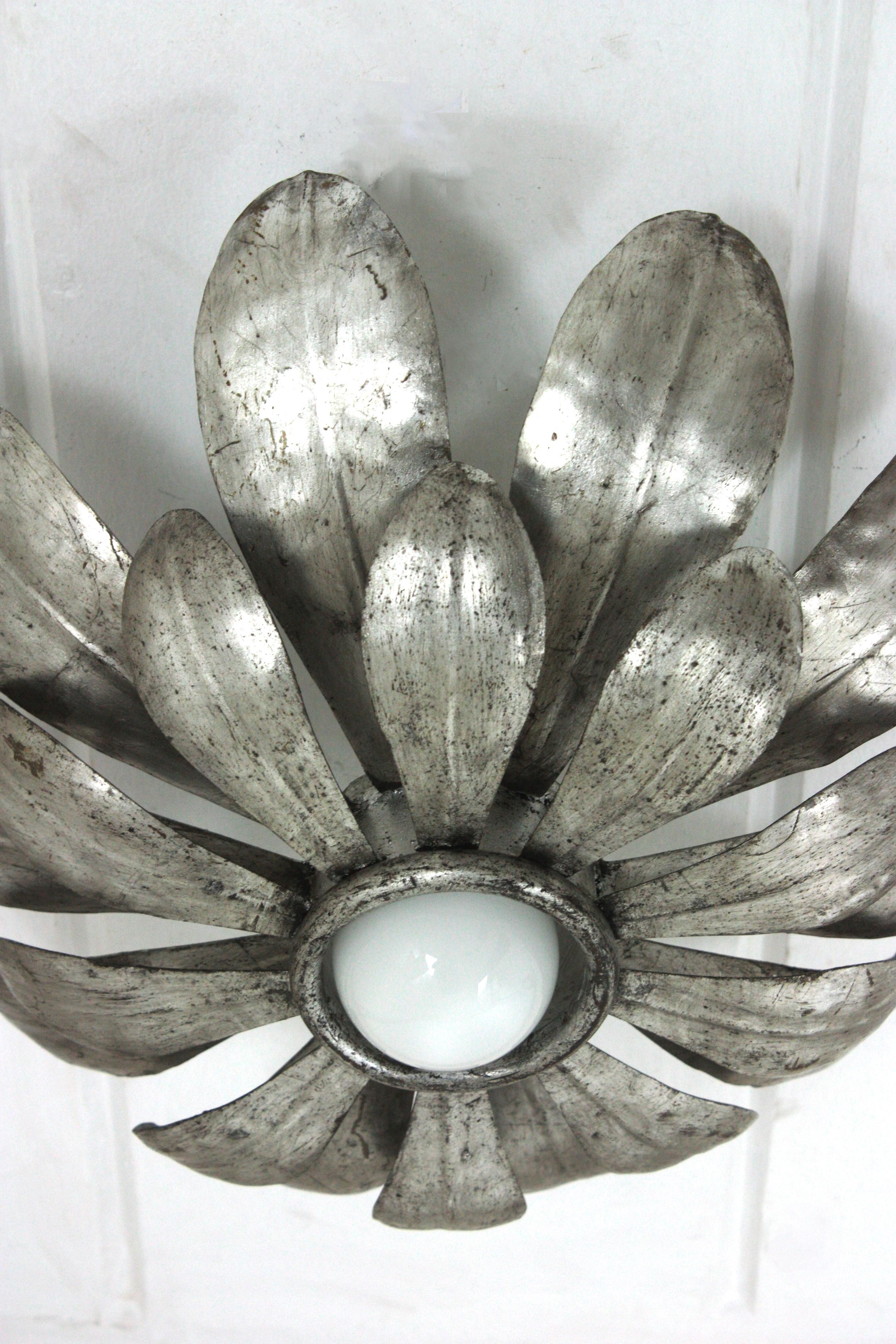 Sunburst Flower Light Fixture in Silvered Gilt Iron, 1950s For Sale 8