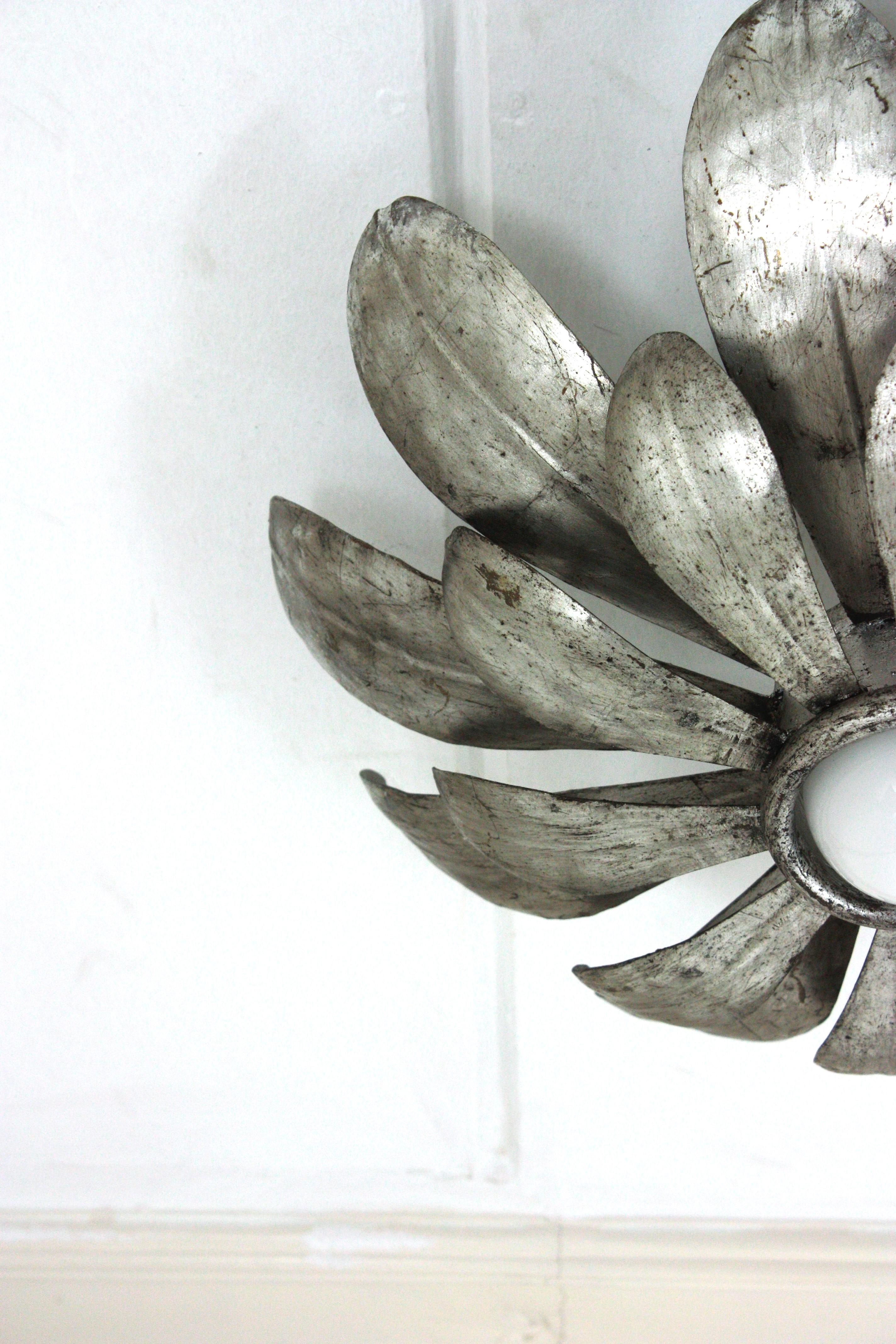 Sunburst Flower Light Fixture in Silvered Gilt Iron, 1950s For Sale 9