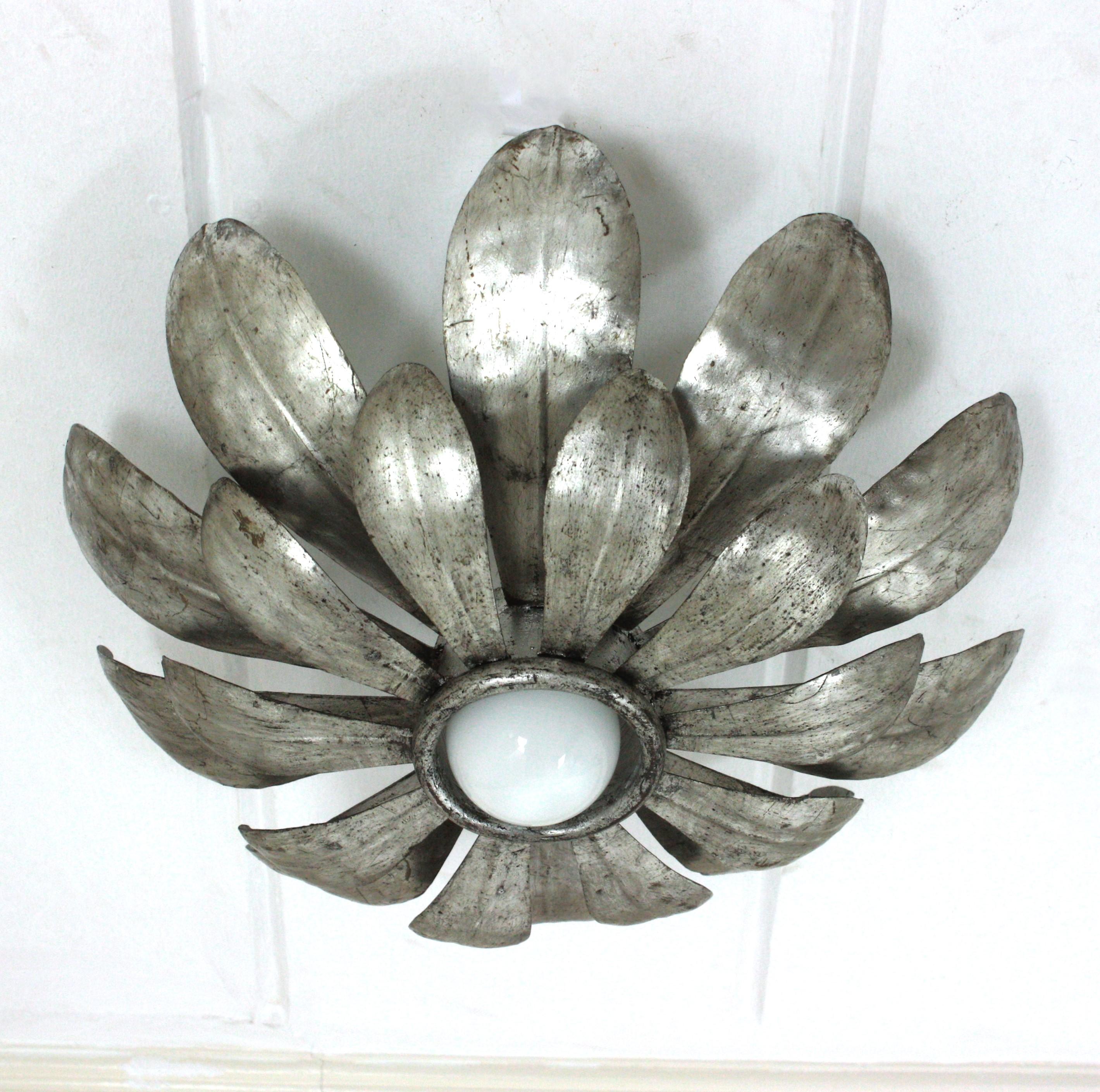 French Sunburst Flower Light Fixture in Silvered Gilt Iron, 1950s For Sale