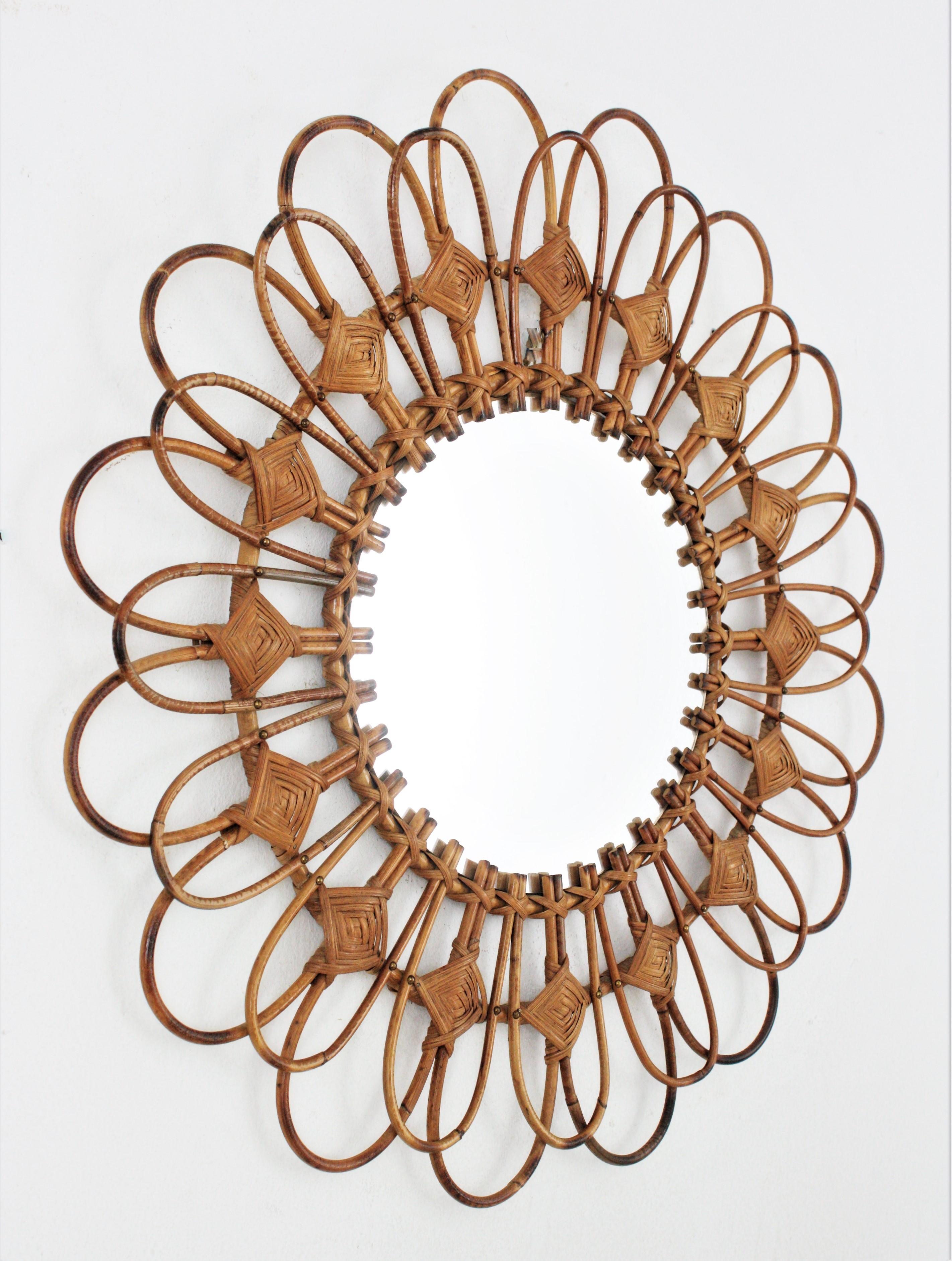 Mid-Century Modern French Sunburst Flower Mirror in Rattan, circa 1960s For Sale