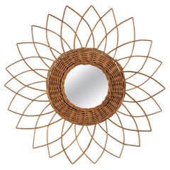 French Sunburst Flower Mirror in Rattan, 1960s