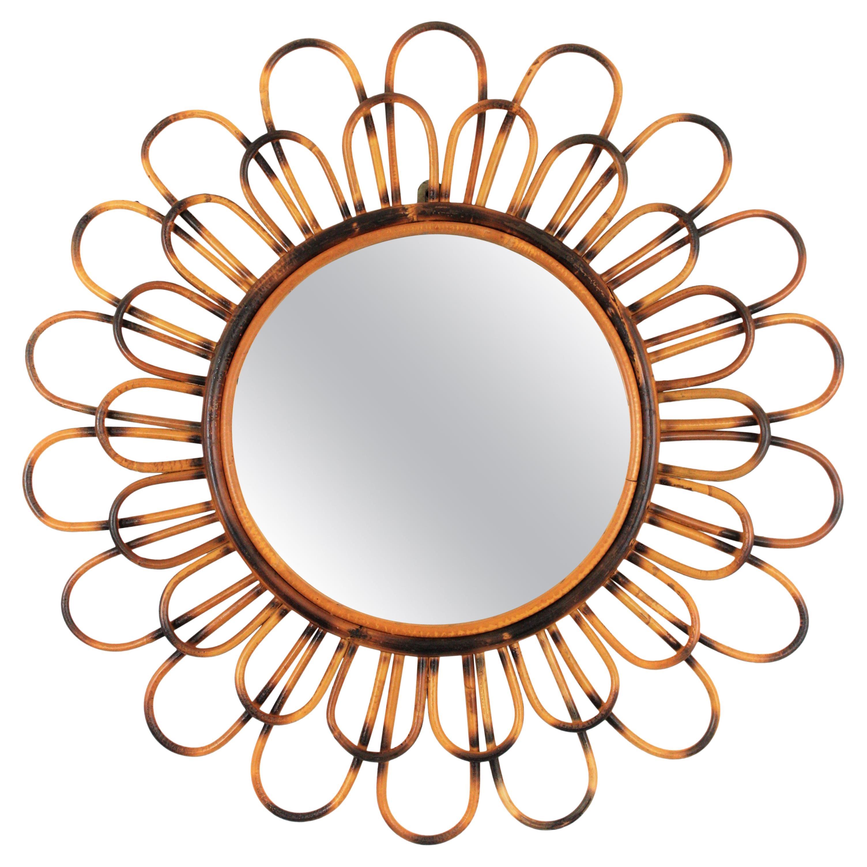 French Sunburst Flower Mirror in Rattan, 1960s