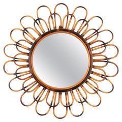 French Sunburst Flower Mirror in Rattan, 1960s