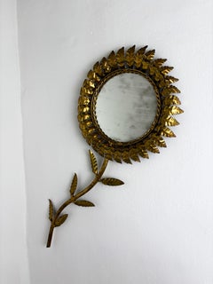 French Sunburst Flower Mirror Wall Decoration, Gilt Iron, 1950