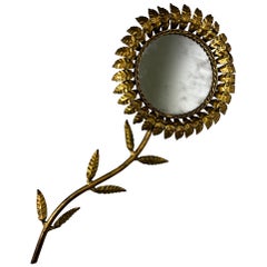 French Sunburst Flower Mirror Wall Decoration, Gilt Iron, 1950