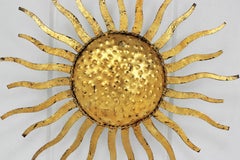 Sunburst Ceiling Light Fixture or Chandelier in Gilt Wrought Iron, France, 1950s