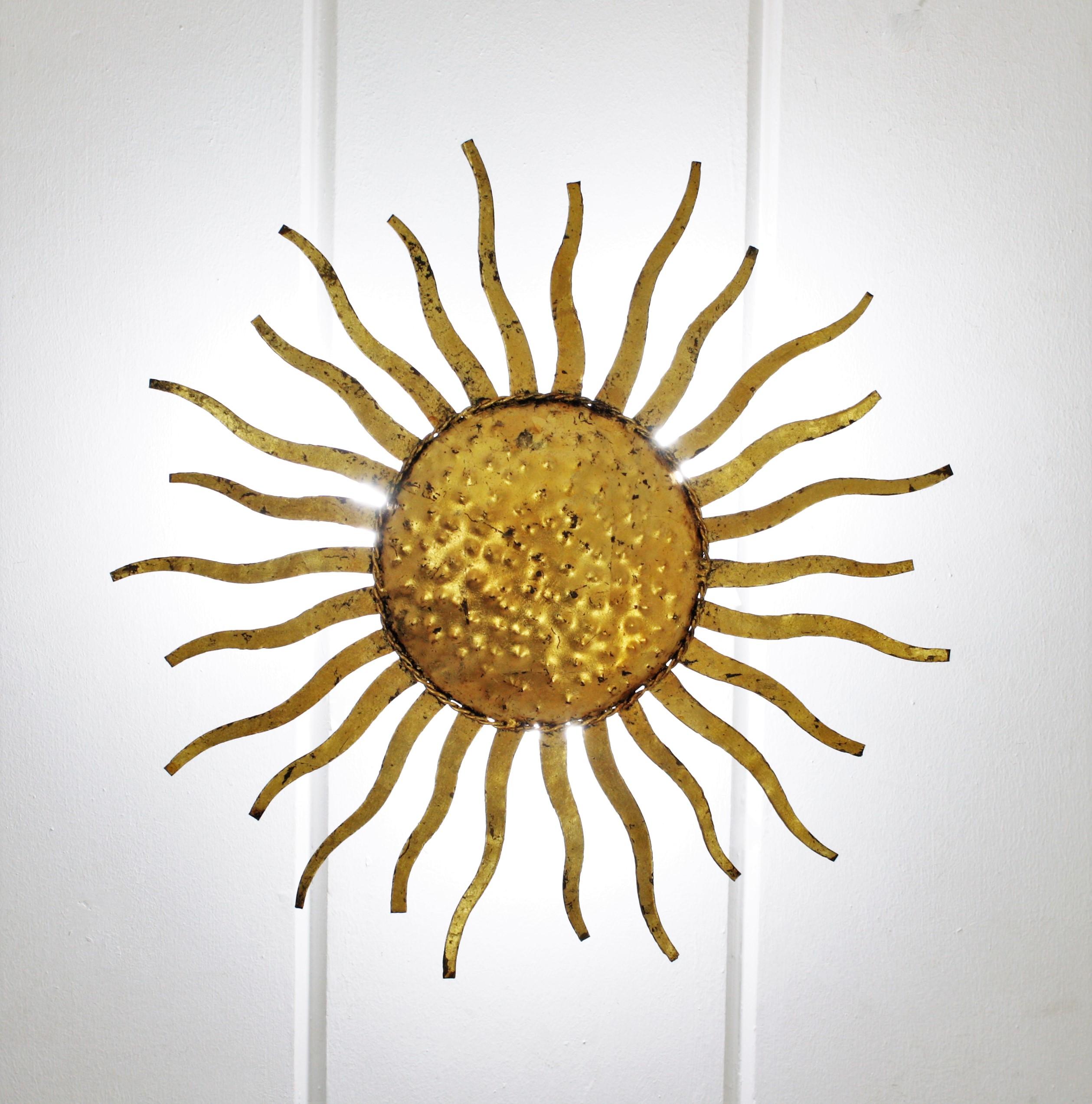 Sunburst Ceiling Light Fixture or Chandelier in Gilt Wrought Iron, France, 1950s 1