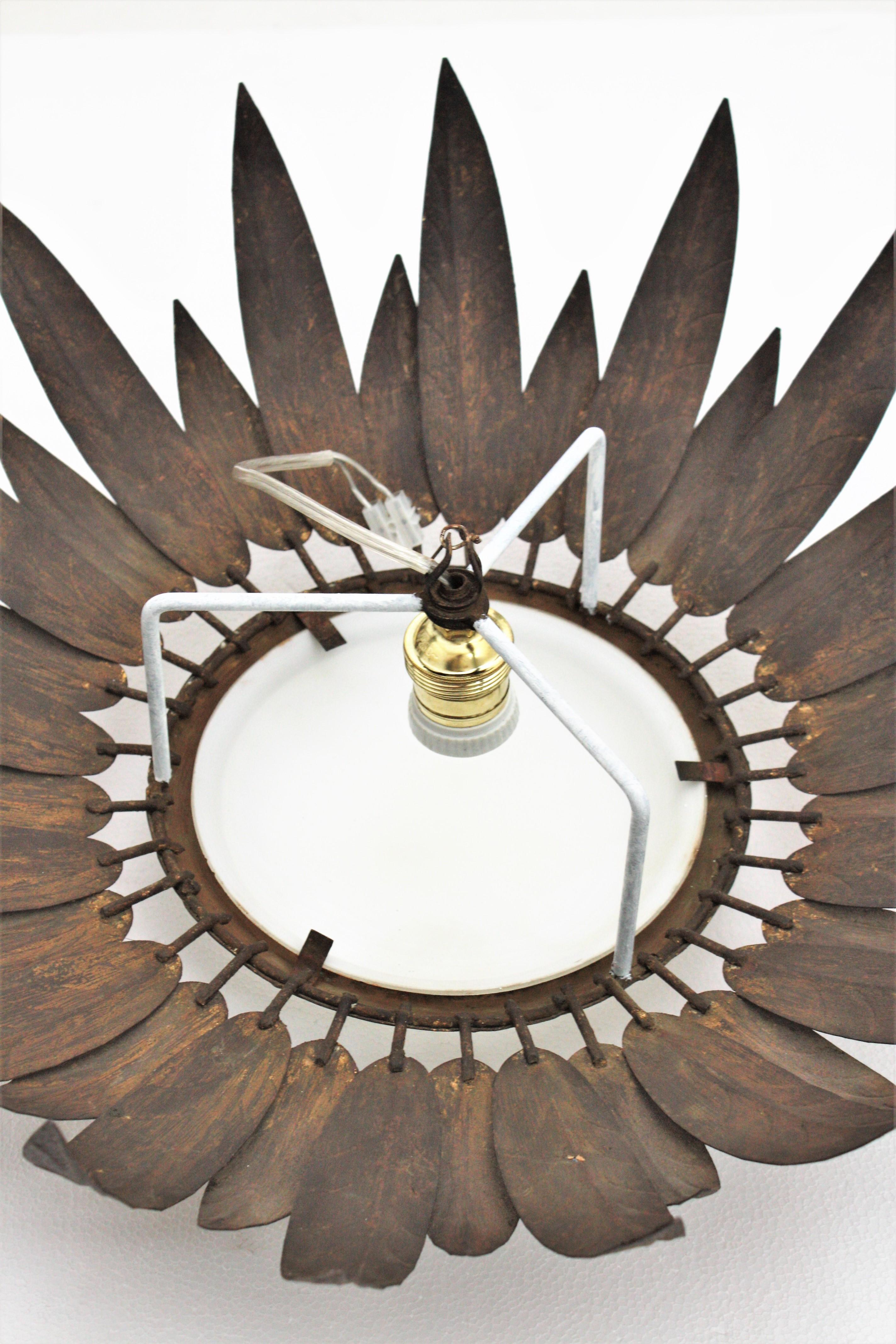 French Sunburst Flush Mount with Feathers Frame in Gilt Iron & Milk Glass, 1950s 5